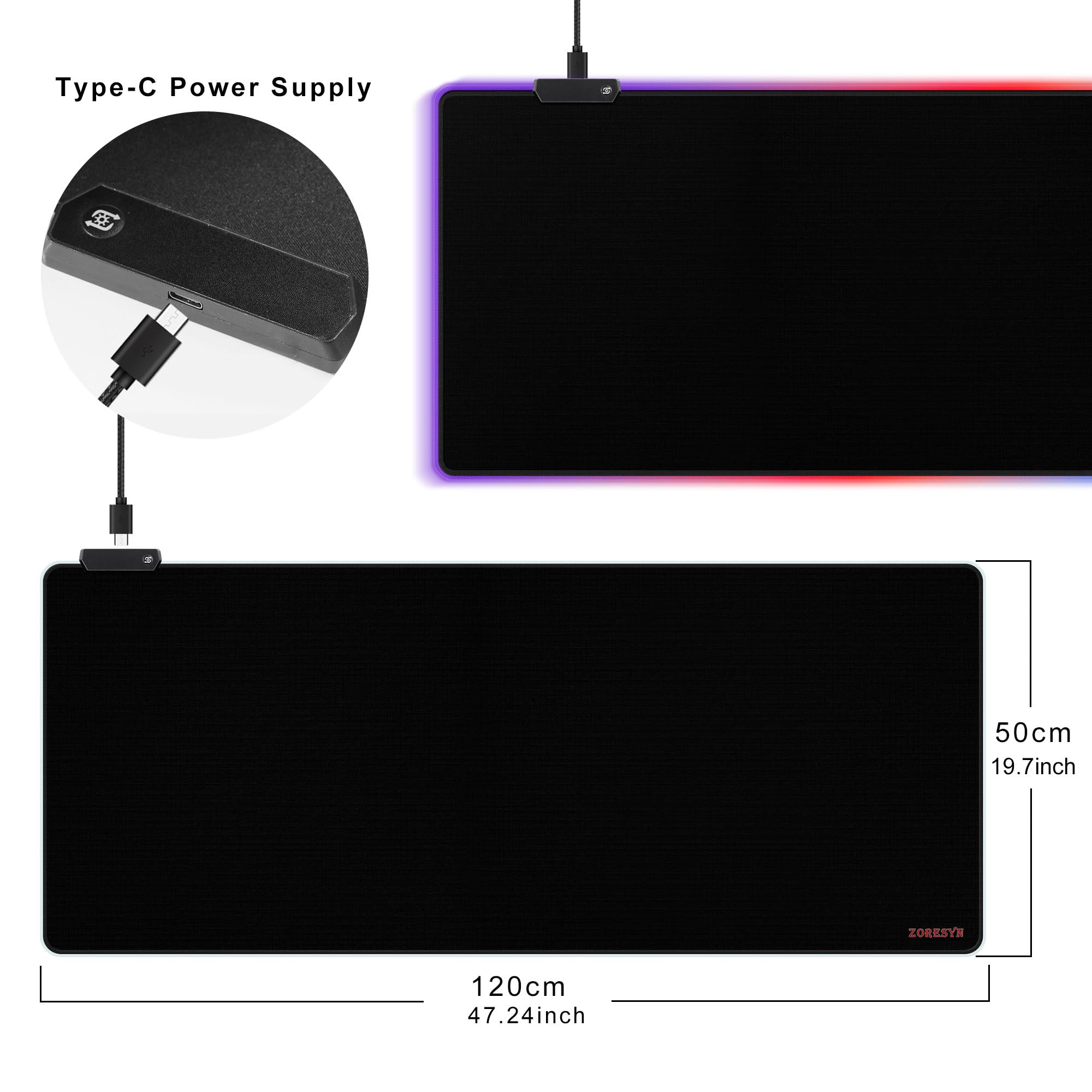 ZORESYN Tappetino per mouse da gioco RGB, 120 x 50 cm, grande tappetino per mouse con luce a LED, tappetino per tastiera, accessori da gioco per scrivania, base in gomma antiscivolo, grande tappetino