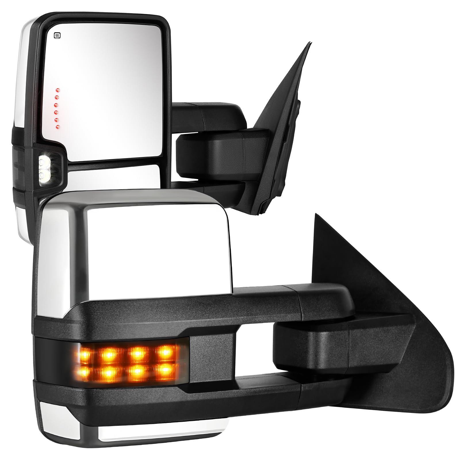 Sanooer Towing Mirrors Chrome for 2014-2018 Chevy Silverado GMC Sierra 1500 2500 HD 3500 HD with Power Glass LED Arrow Turn Signal Light Backup Lamp Running Light Heated Extendable Pair Set