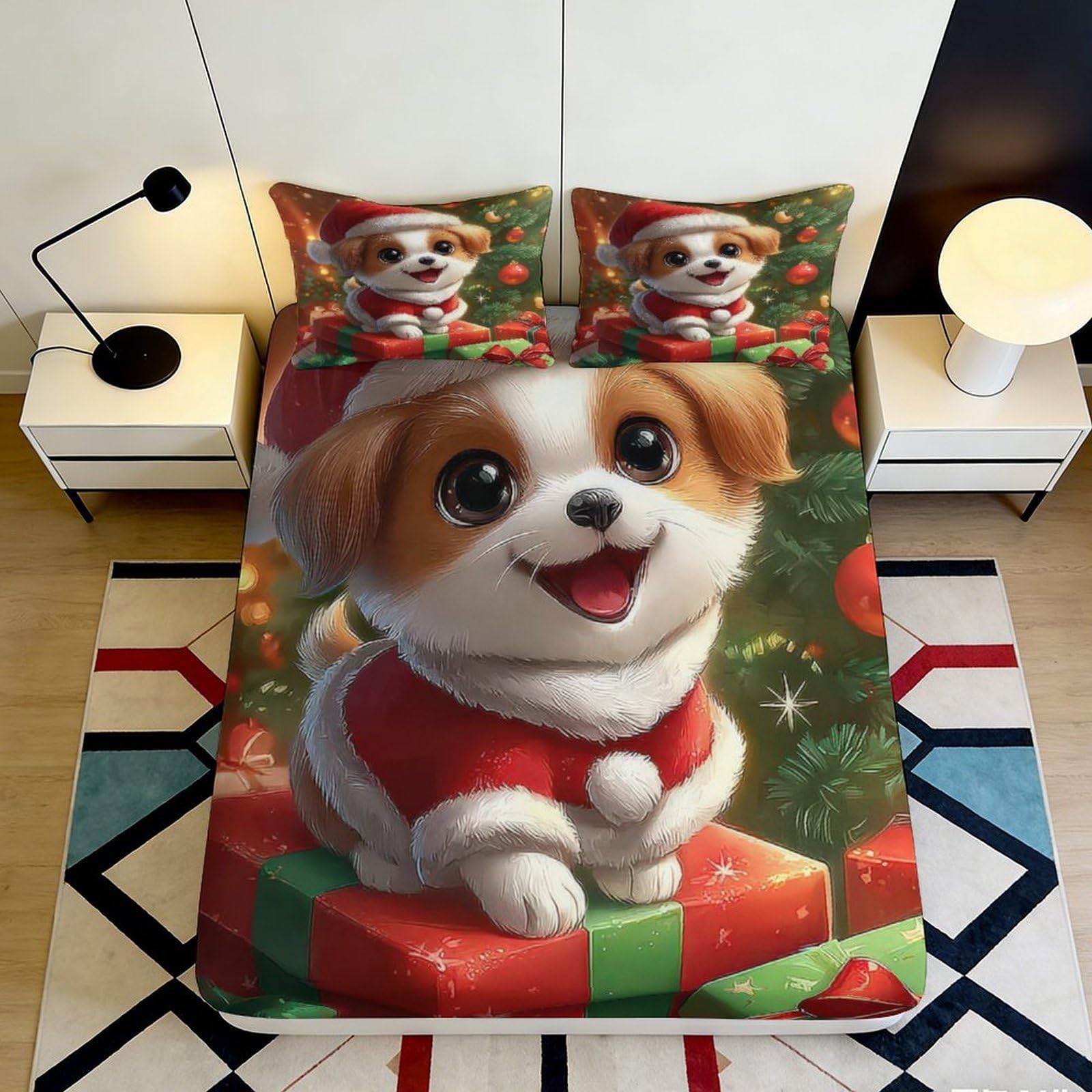 3D Printed Christmas Puppy Fitted Sheet Microfiber Soft Cartoon Dog Bed Cover for Bedroom Guest Room Easy Care 90x200x25cm