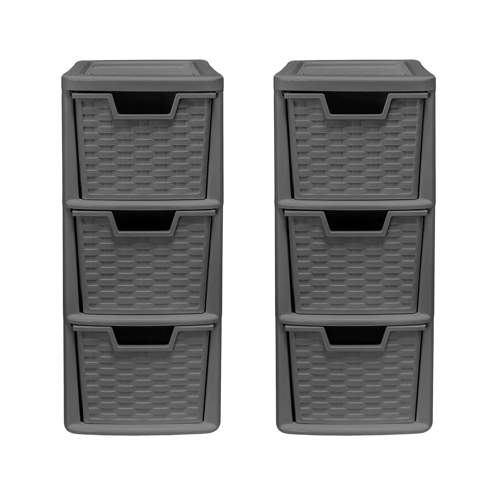 3 Drawer Medium Rattan Tower Unit - Slate Grey, Set of 2 Units - 47cm (H) x 19cm (W) x 26cm (D)