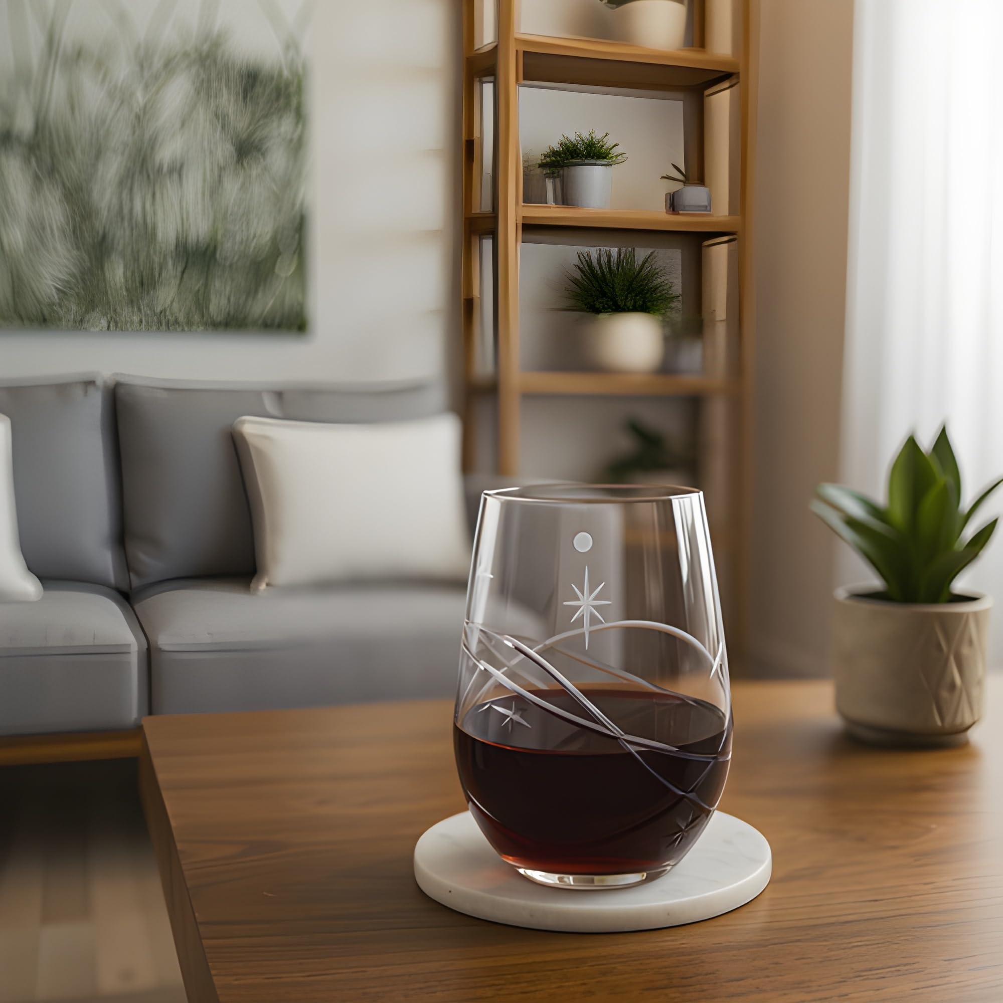 SHOSHIN Handgeschliffene Weingläser ohne Stiel, ohne Stiel, bleifreies Kristall, spülmaschinenfest und handwerklich graviertes Design für moderne Unterhaltung, 530 ml, 4 Stück