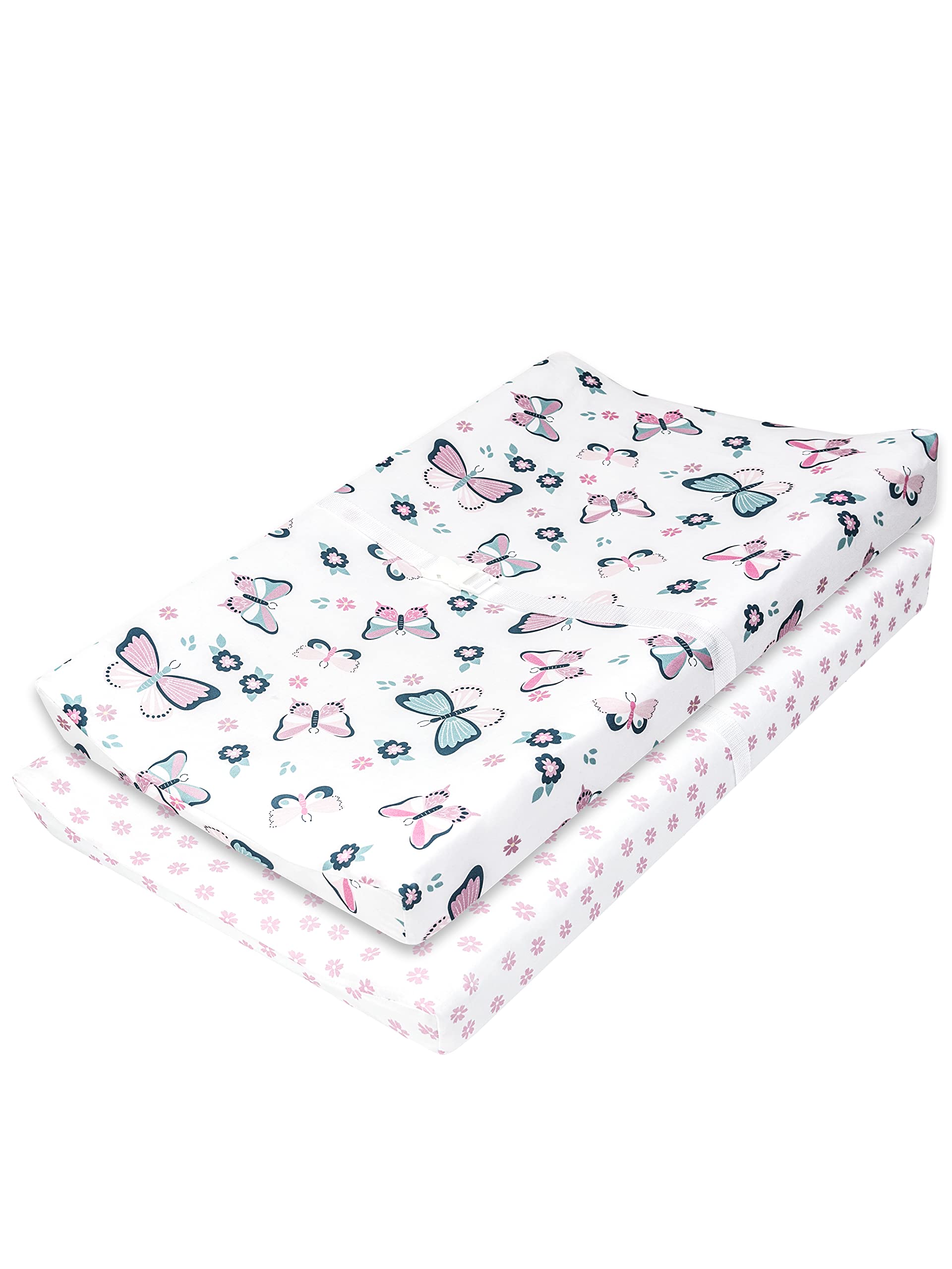 My Little Zone Changing Pad Covers Set Butterfly and Flowers - Cotton Changing Table Mattress Pad for Baby Girls, 2 Pack