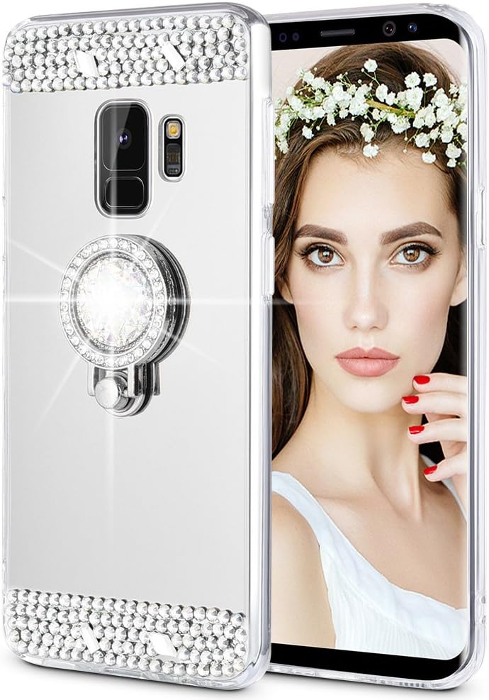 Caka Galaxy S9 Case, Galaxy S9 Glitter Case Mirror Series Luxury Cute Shiny Bling Mirror Makeup Case for Girls with Ring Kickstand Diamond Protective TPU Case for Samsung Galaxy S9 (Silver)