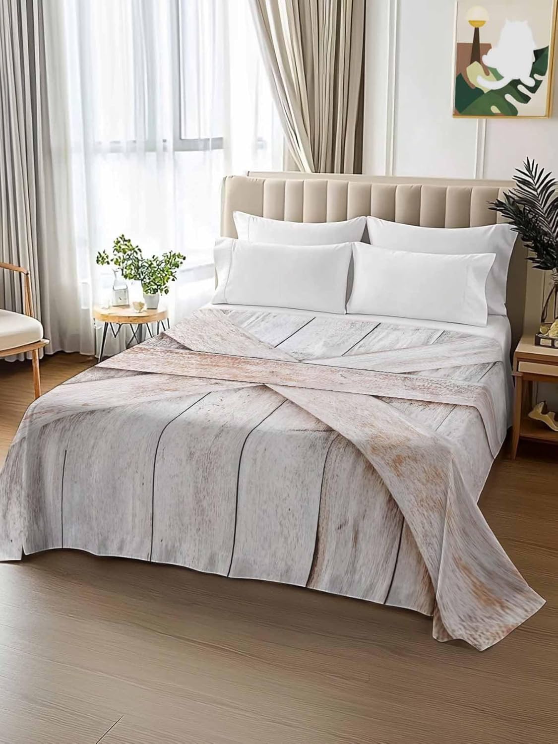 Top Sheet Full Bedding Flat Sheet Only, Farmhouse Retro Wooden Barn Microfiber Bed Sheets Soft Breathable Bedding Flat Sheets, Vintage Village Wood Grain Hotel Luxury Top Sheets