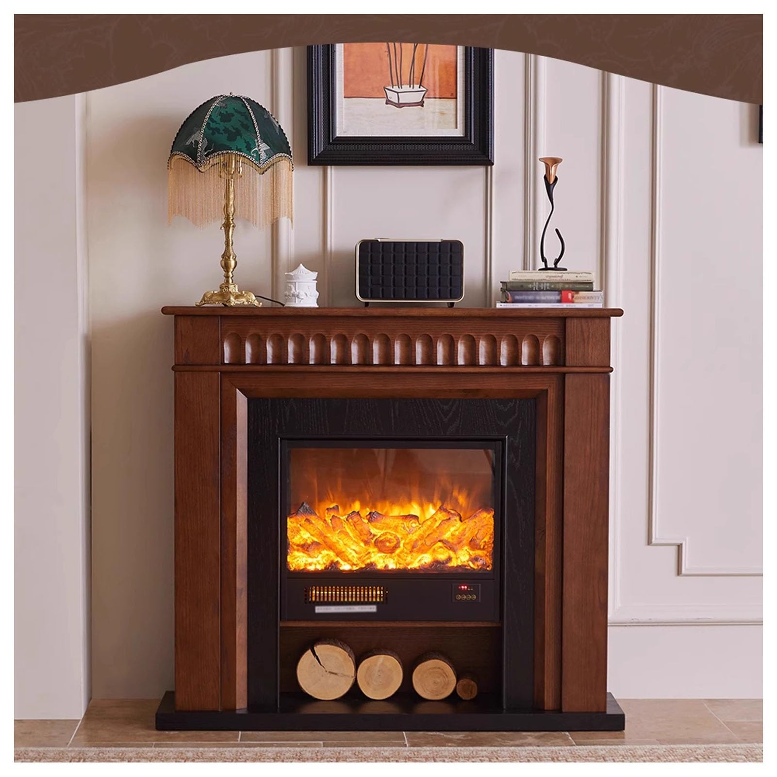 Mobile Decorativo Per Caminetto Elettrico In Legno Massello | Soggiorno Fiamma simulata 3D, registro realistico ed effetto fiamma, con telecomando(100cm/39.3in)
