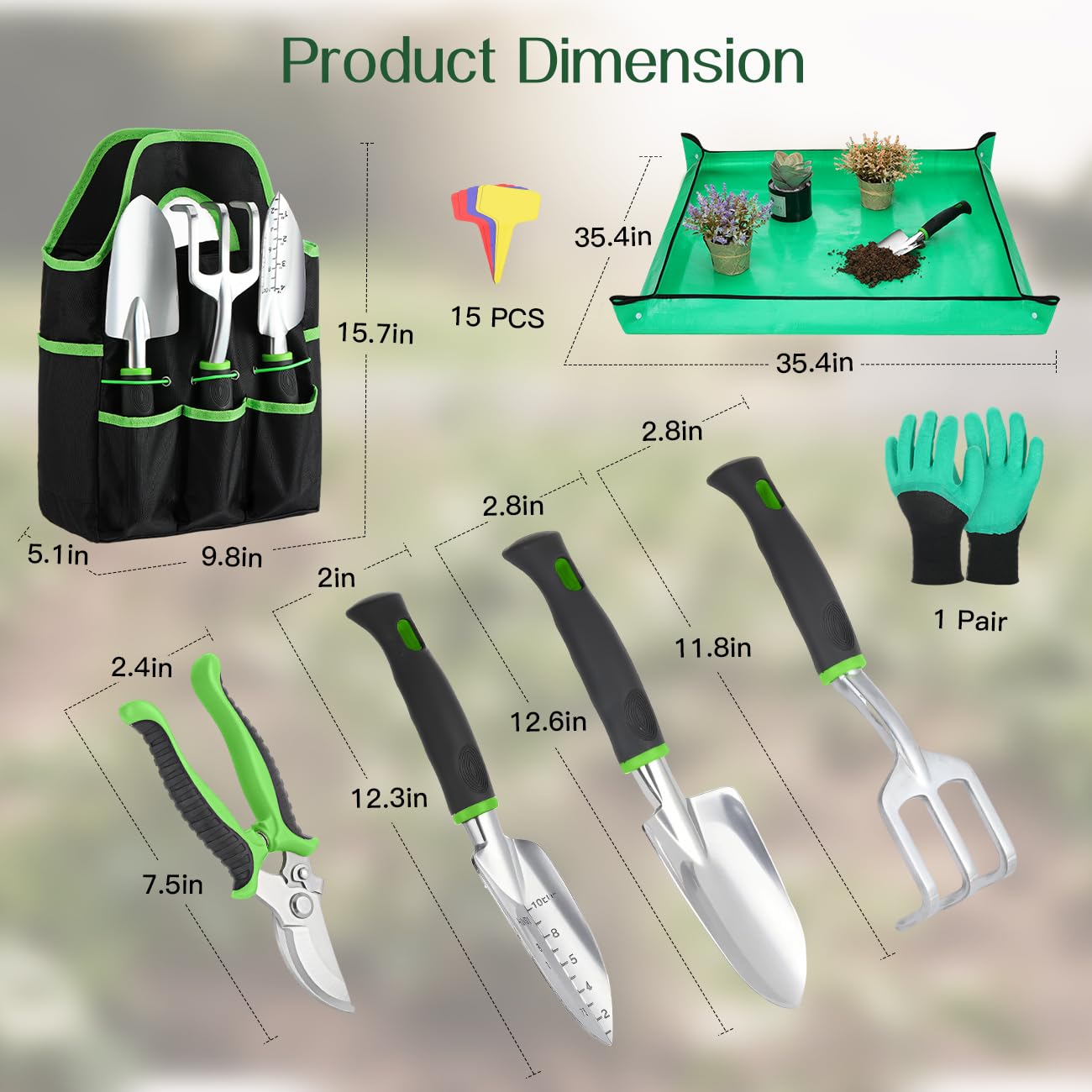 Housolution Juego de Herramientas de Jardín, 8 PCS, Kit de Herramientas de Mano de Jardinería, Suministros de Jardinería de Aleación de Aluminio Resistente con Mango, Bolsa de Almacenamiento, Verde