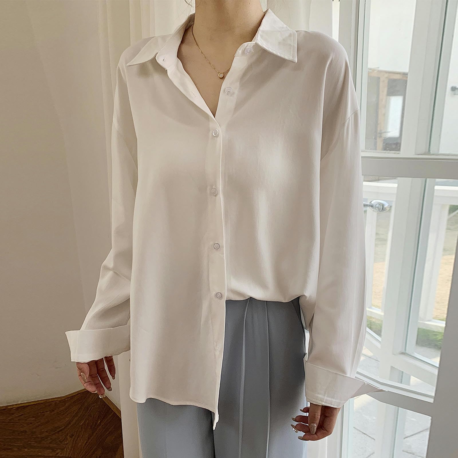 Camisa Blanca para Mujer, Camisa Holgada de Manga Larga con Capas, Color Naranja, Talla L