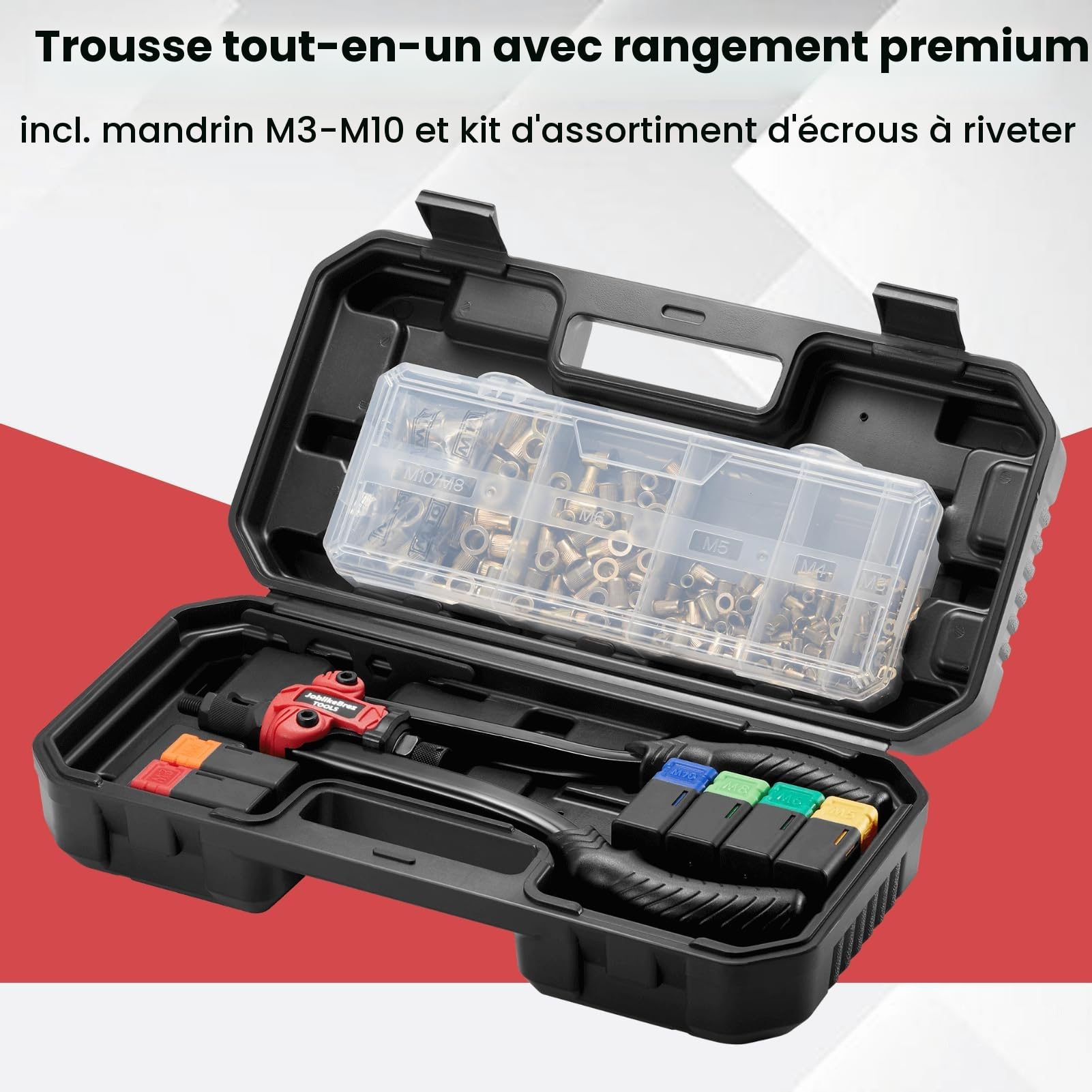 Pince a Insert Fileté Professionnelle 33 cm – Kit avec 200 Ecrous a Sertir en Boîte dans Coffret Robuste, 6 Mandrins M3–M10, Changement Rapide, Idéal pour Métal & Bricolage