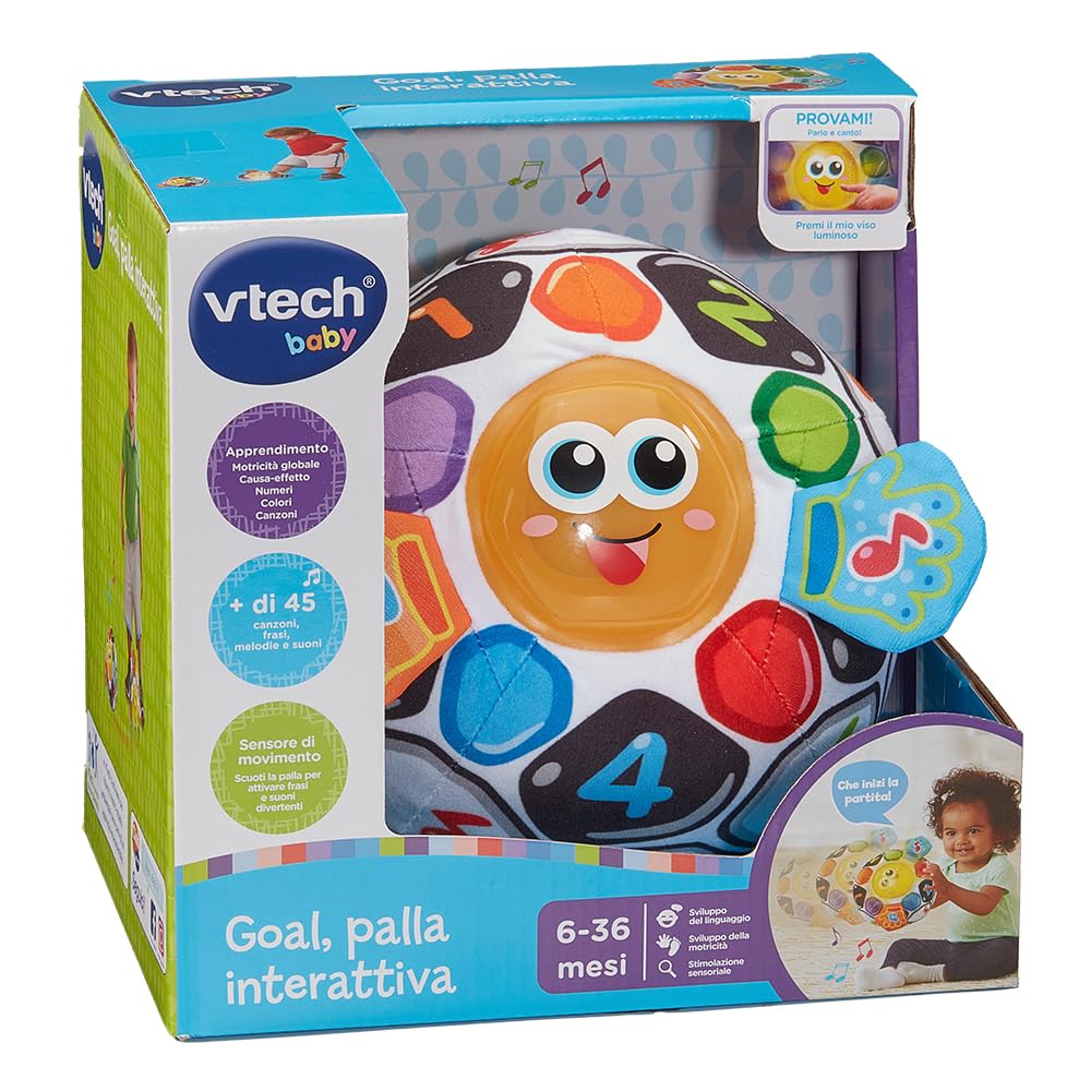 VTech Goal, Palla Interattiva, Gioco Educativo Bambino con Sensore di Movimento, Oltre 40 Canzoni e Suoni, Lavabile in Lavatrice, Palla Prime Scoperte, Lingua Italiana, Batterie Incluse, 6-36 Mesi