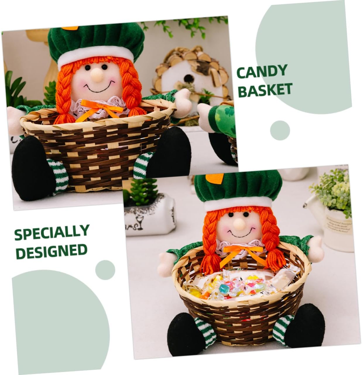 St Patrick's Day Candy Basket Adorable Doll Design Versatile Sweet Container for Treats and Decorations for Table Centerpieces and Festive Celebrations