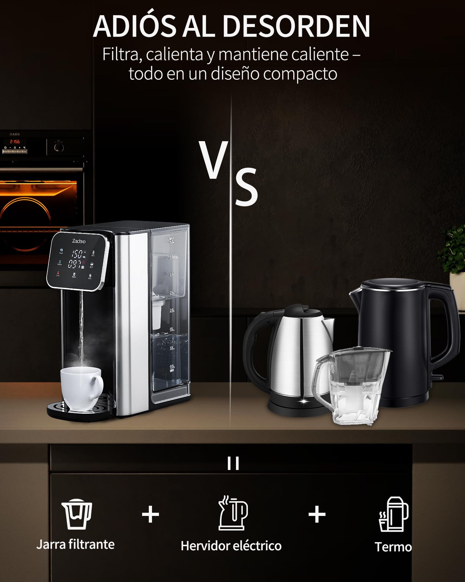Dispensador de Agua Caliente UR05-2200W Agua Caliente en Segundos, 4 Niveles de Temperatura y 3 Cantidades de Agua, Depósito de 4L, Compacto, Filtro de Carbón Activo, para Cocina y Oficina