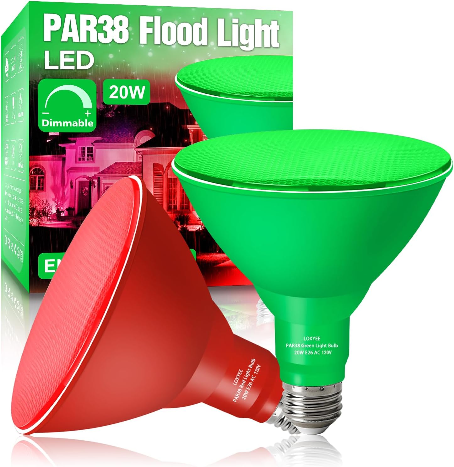 PAR38 Flood Red Green Light Bulb,2 Pack-Dimmable,E26 Base Flood Light Outoor(20W Replace to 200W),Light Bulb Outdoor Porch,Colored Light,Spot Light,Halleween,Christmas Lighting