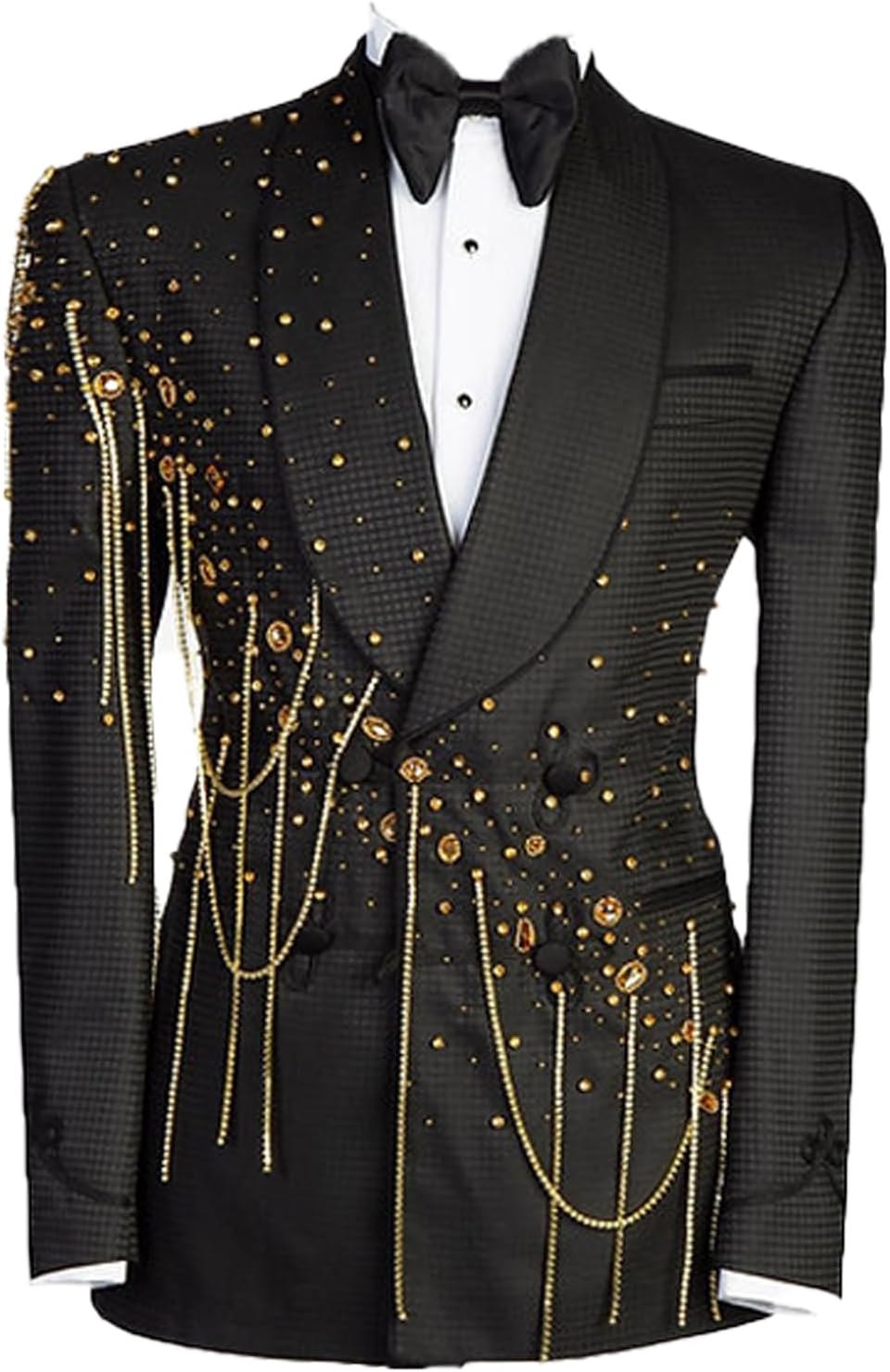 Men's Black Tuxedo Luxury Handmade Rhinestone Blazer Slim Fit Peak Lapel Double Breasted Jacket for Dinner Prom