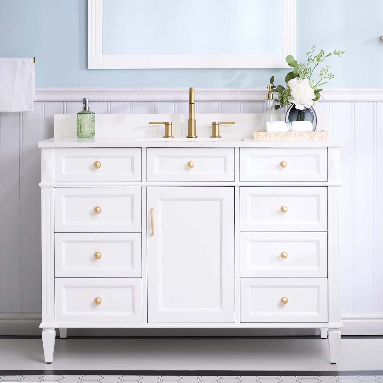 WELLFOR 48" Bathroom Vanity with Sink Top Combo Set, Freestanding Solid Wood Vanity for Bathroom W/ 1 Soft-Close Door and 6 Soft-Close Drawers, Carrara White Quartz Countertop, White