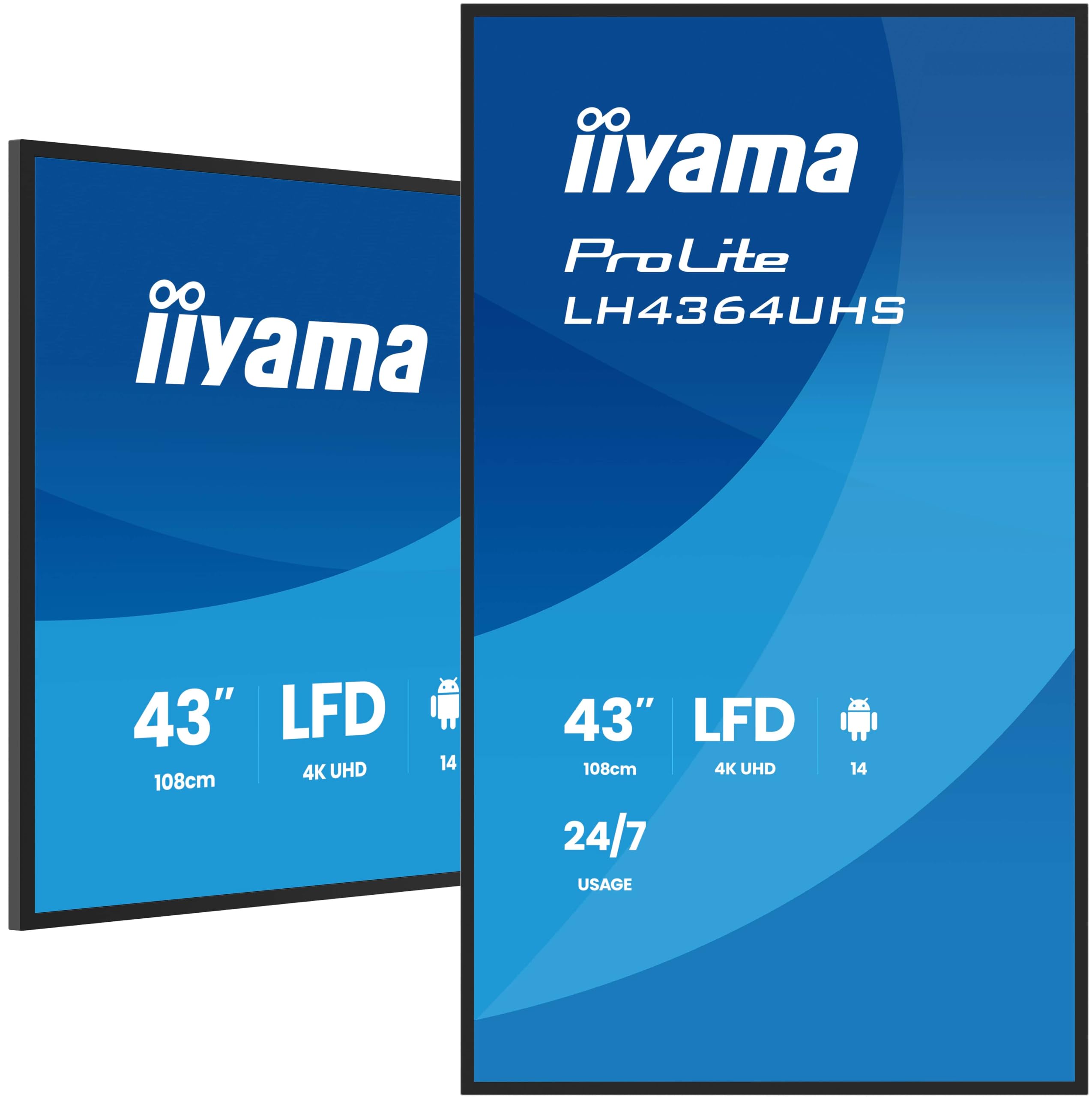 iiyama Prolite LH4364UHS-B1AG 108cm 43" Digital Signage Display VA LED Panel 4K UHD HDMI USB-C USB2.0 RS-232c RJ45 Android 14 OS iiSignage² WiFi Mediaplayer 24/7 AntiGlare schwarz