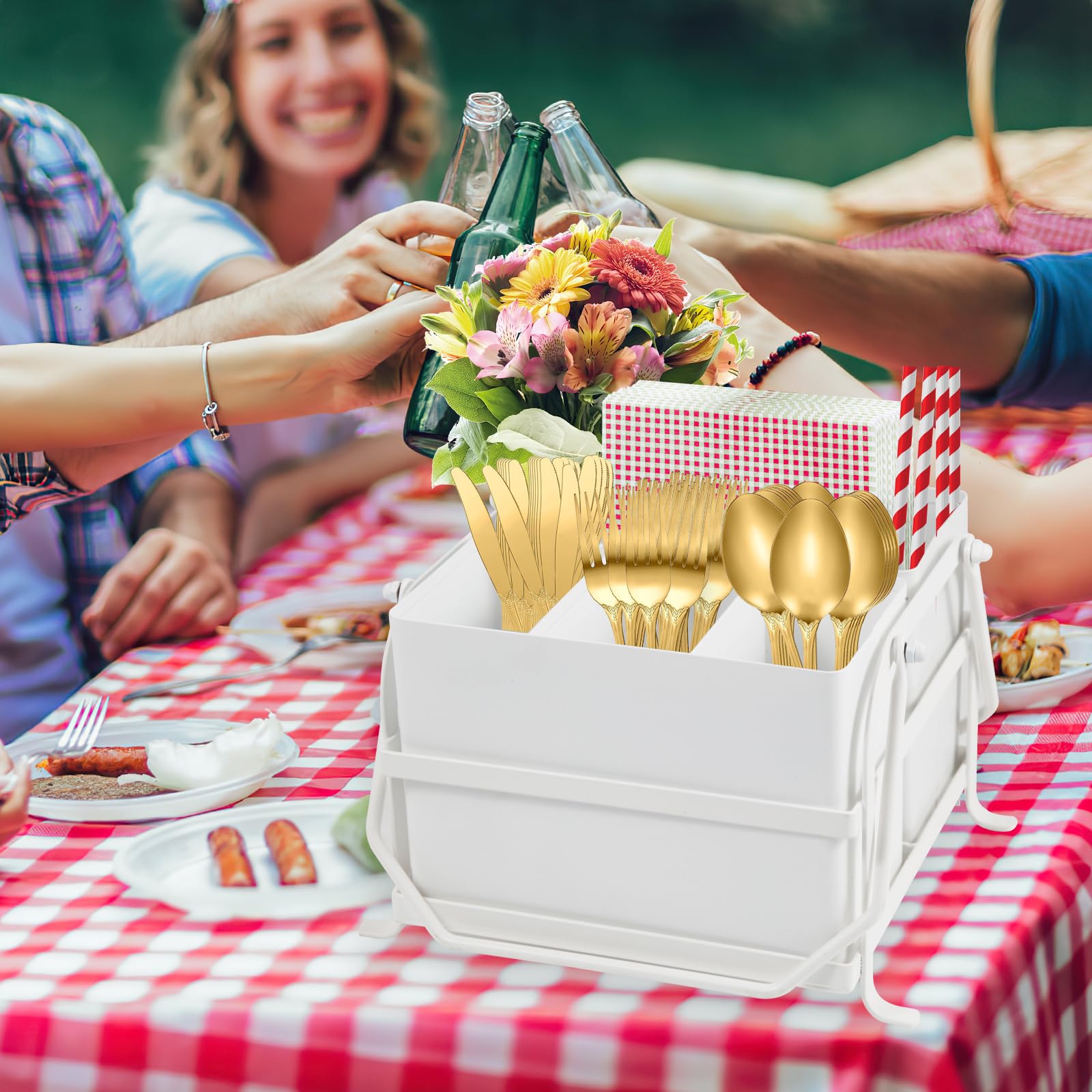 NelyBet Silverware Caddy Utensil Holder With Handle,Outdoor Silverware Holder Picnic Caddy and Camping Utensil Organizer, Flatware Holder for Party Gatherings, Metal -White