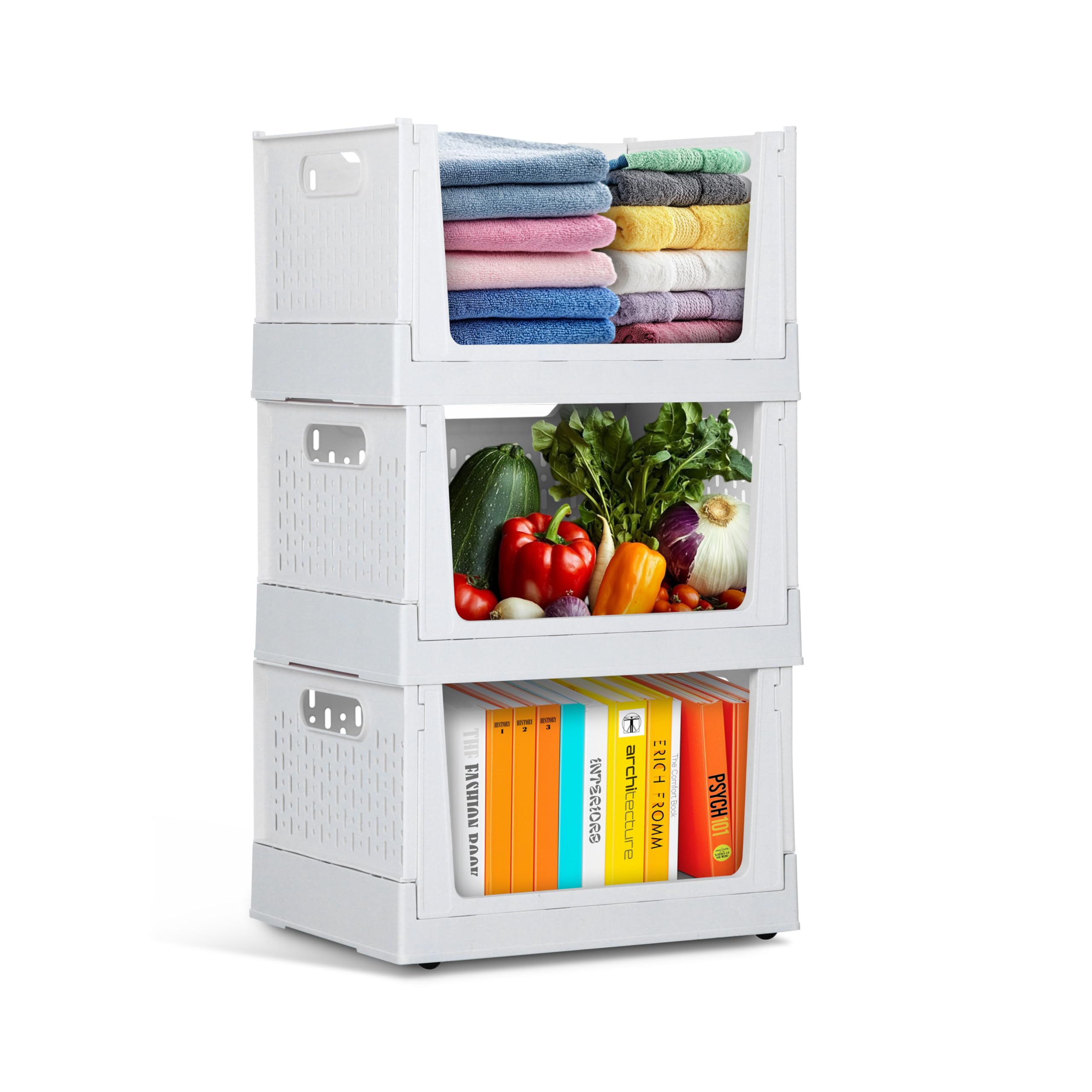 TidyFriend Stackable Storage Bins with Wheels, 3 Pack Foldable Storage Bins Box, Plastic Shelves Drawer Organizer Container for Closet Office Bedroom Kitchen Bathroom (Ivory)