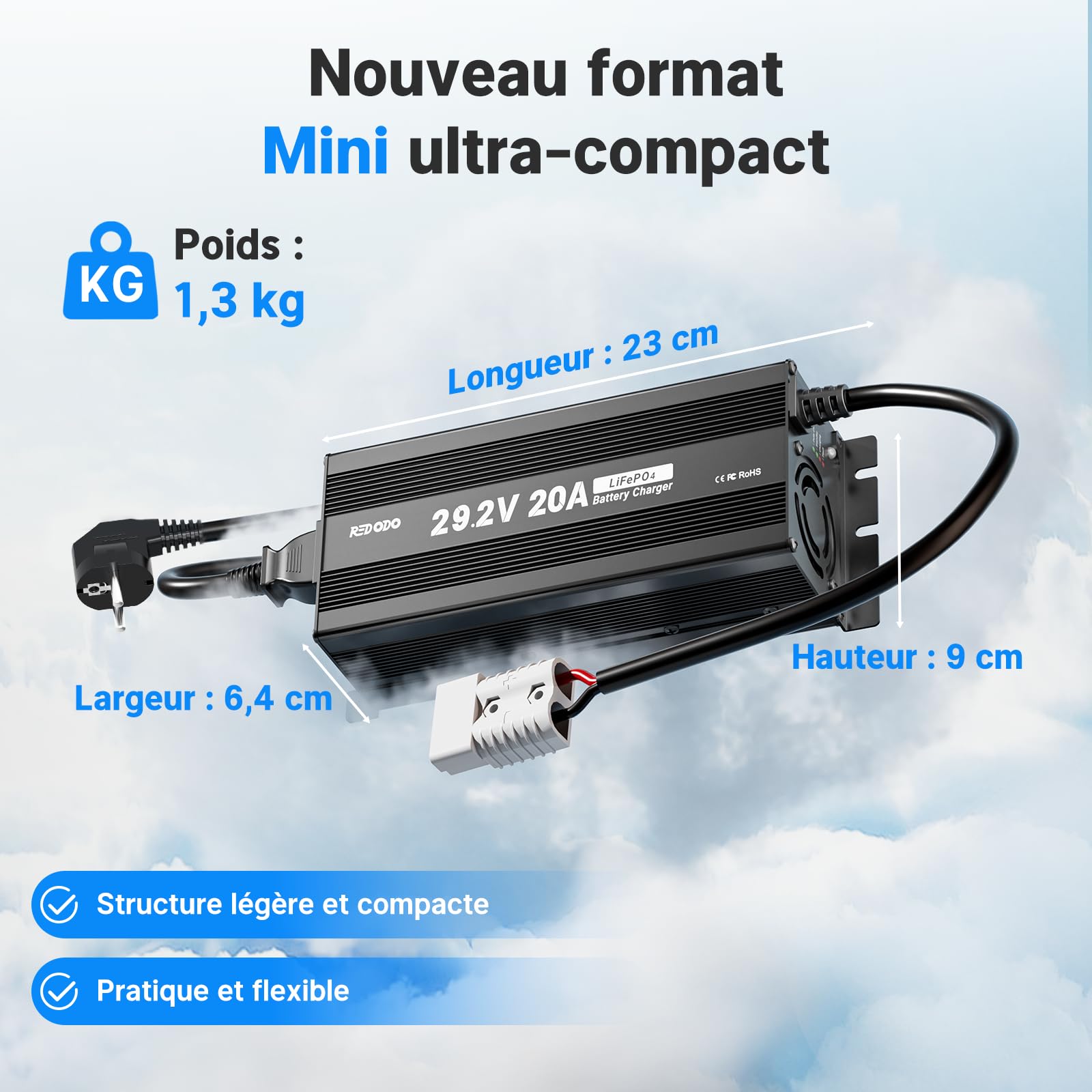 Redodo Chargeur de Batterie Lifepo4 pour Batterie Lithium Fer Phosphate, supporte la Charge Rapide (29,2V 20A)