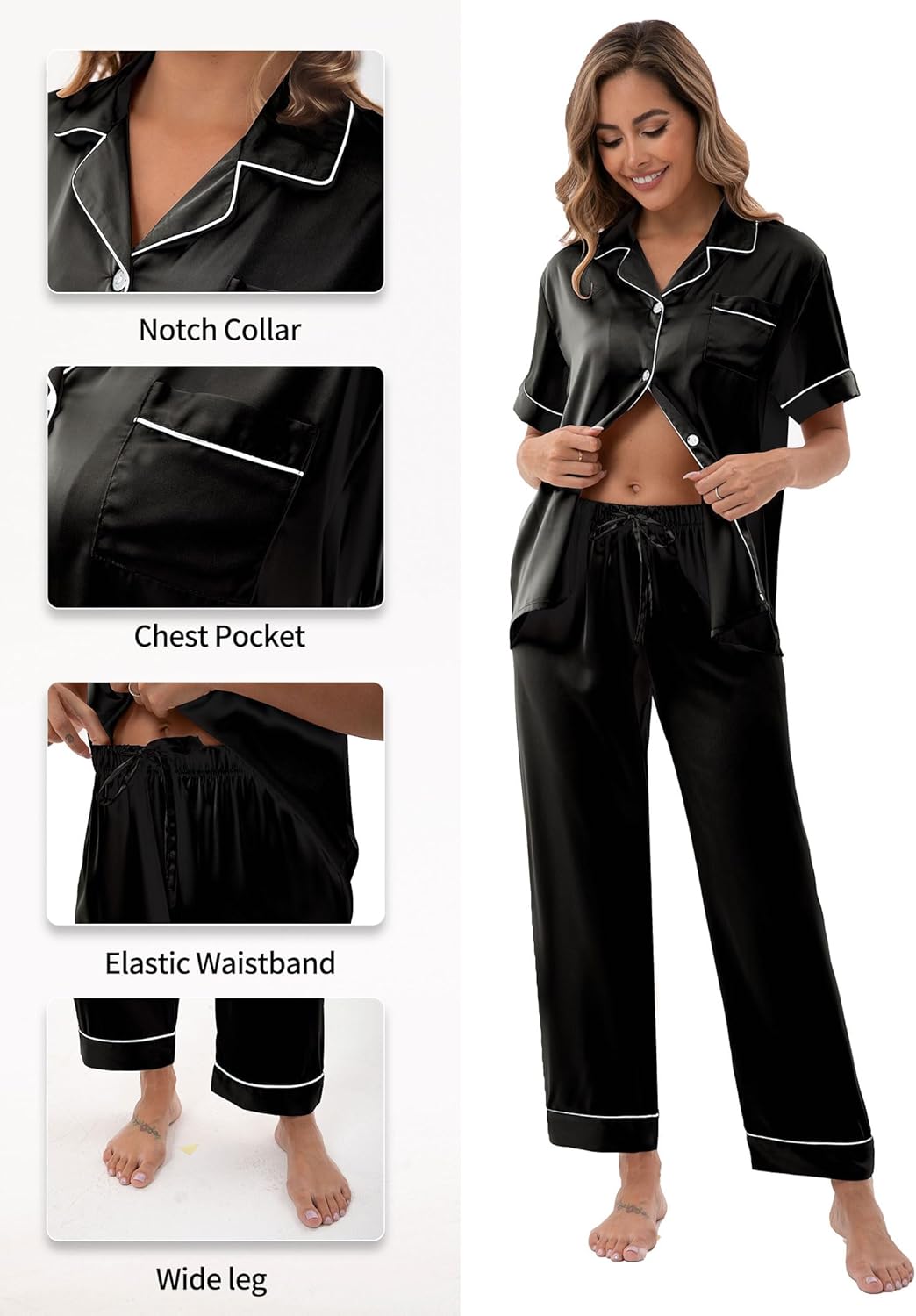 UMBY Silk Satin Pajamas for Women Set 2 Piece button down Soft Silk Pjs Sets Cozy Silky Pajama Short Sleeve - Image 6