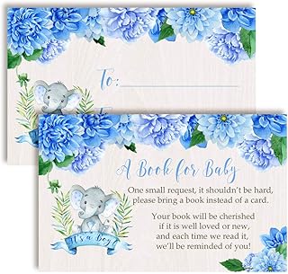 Watercolor Dahlia Floral Elephant-Themed â€œBring A Bookâ€ Cards for Boy Baby Showers, 20 2.5 by 4 Inch Double Sided Insert Cards by AmandaCreation, Invite Guests to Bring A Book for The Baby