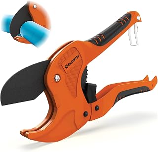 BLOSTM Plastic Pipe Cutter - Heavy Duty Ratchet Pipe Cutters with 42mm Outside Diameter Cutting Capacity for PVC PEX PPR Plastic Pipes & Rubber Hoses, Ergonomic Non-Slip Handle & Safety Lock (Orange)