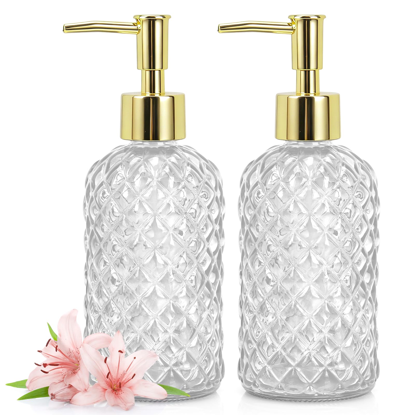 Soap Dispenser - 2 Pack, Clear Glass Refillable Hand Soap Dispensers, Hand and Dish Soap Dispenser, Soap Bottles with Gold Pump, Lotion Dispensers for Kitchen, Bathroom 400ml/14oz(2PCS/Clear)