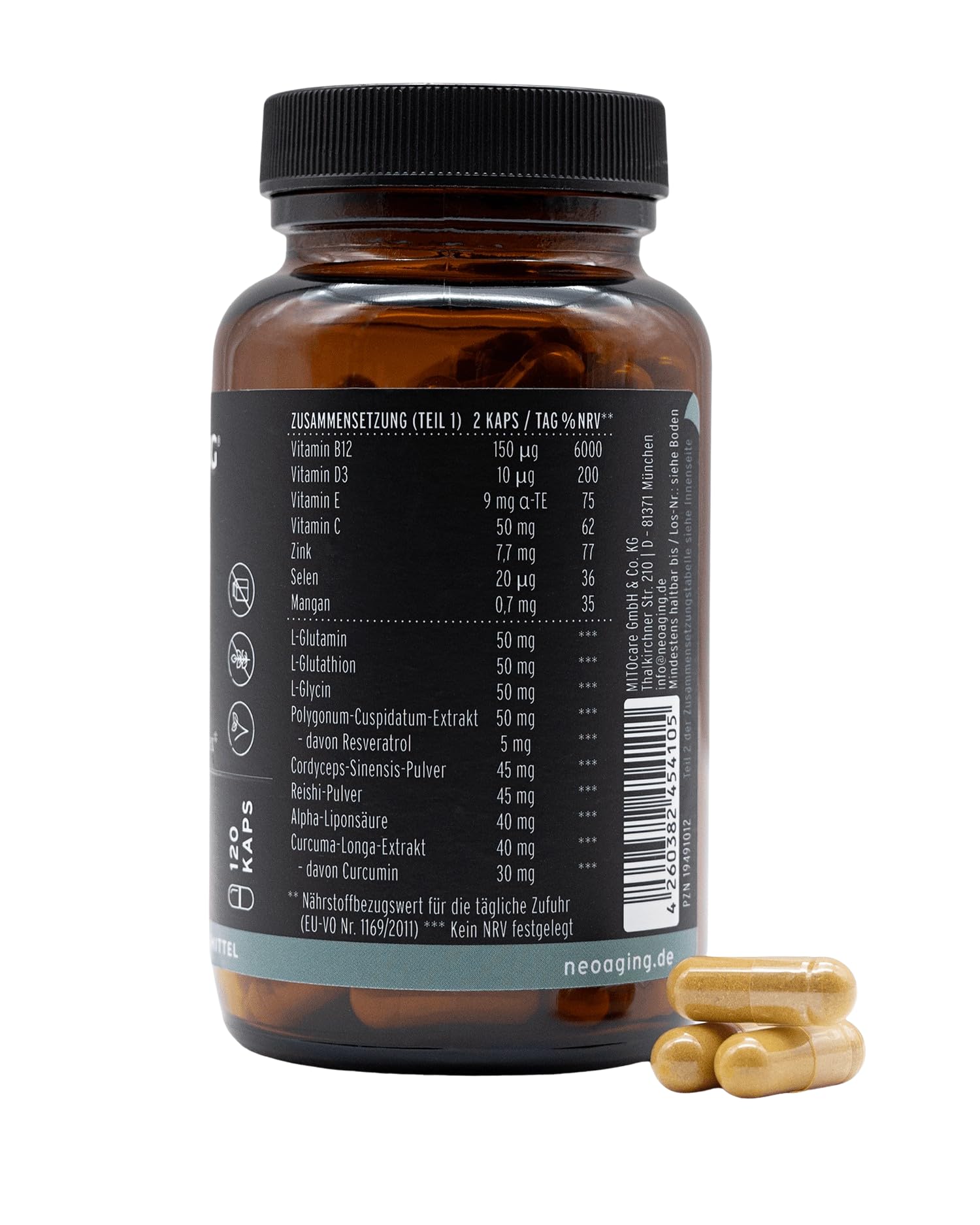 NEOAGING Antioxidantien Complex - Komplex mit über 25 Inhaltsstoffen - mit Quercetin, Reishi, MSM, Glycin, Resveratrol & Curcumin - vegan & ohne Zusatzstoffe - Vorratspack mit 120 Kapseln