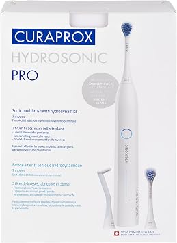 Curaprox Hydrosonic Pro Sonic Toothbrush for Sensitive Teeth, Implants and Braces | Professional Cleaning at Home | Set with Three Brush Heads