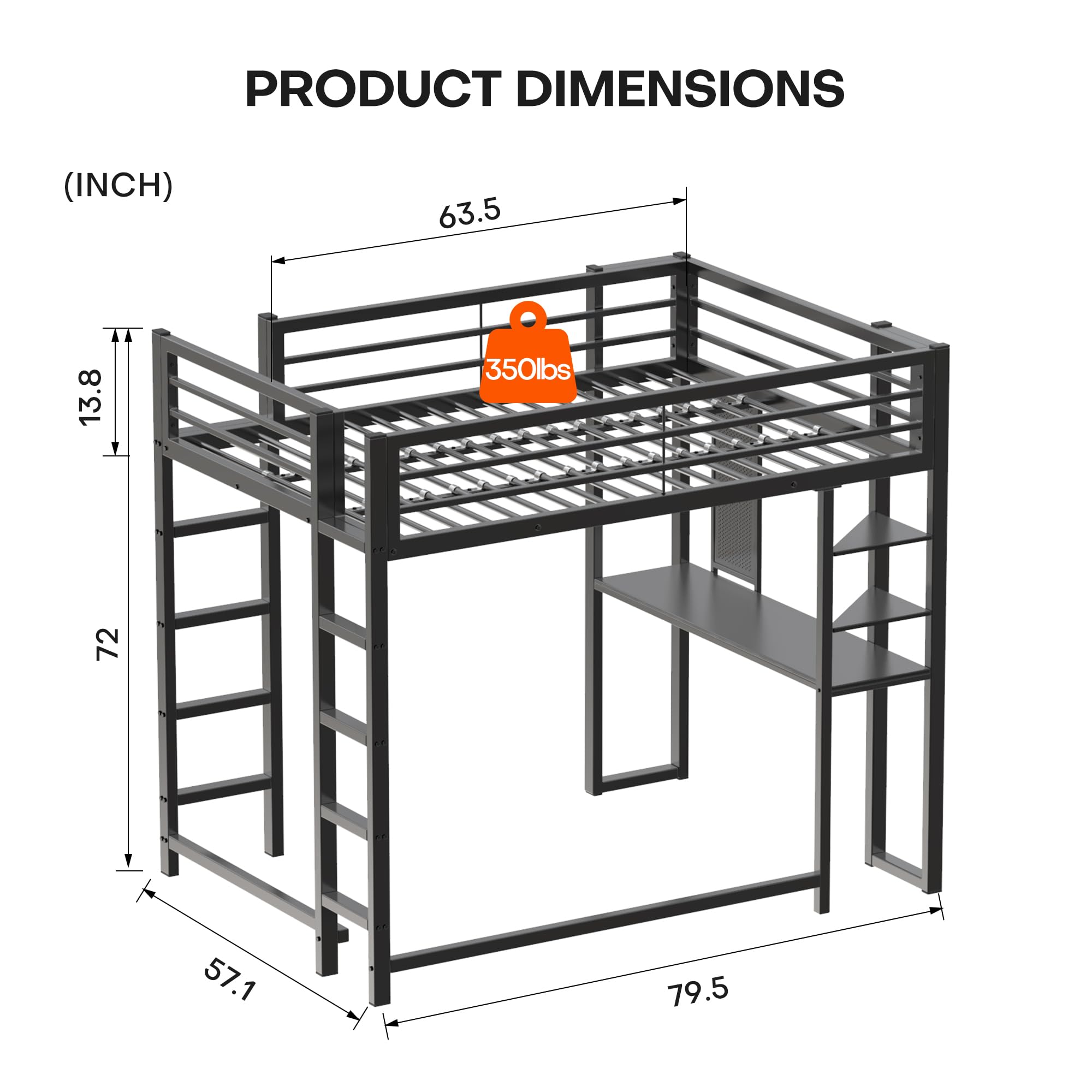 Photo 1 of **2 BOXES***Bellemave Full Size Loft Bed with Desk and Shelves, Metal loft bedframe with Storage Iron Networks, Black