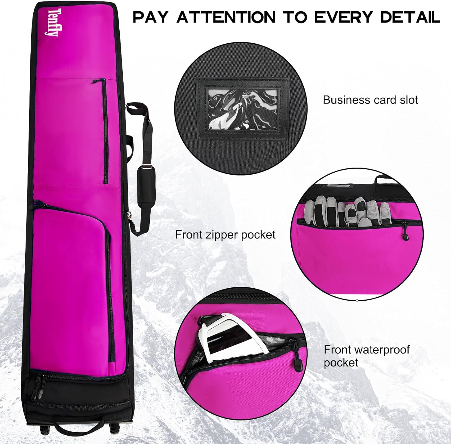 Wheeled Ski Bag for Air Travel, Padded Waterproof Ski Gear Bag Fits 2 Pairs Skis, Adjustable Length 156-200cm, Foldable
