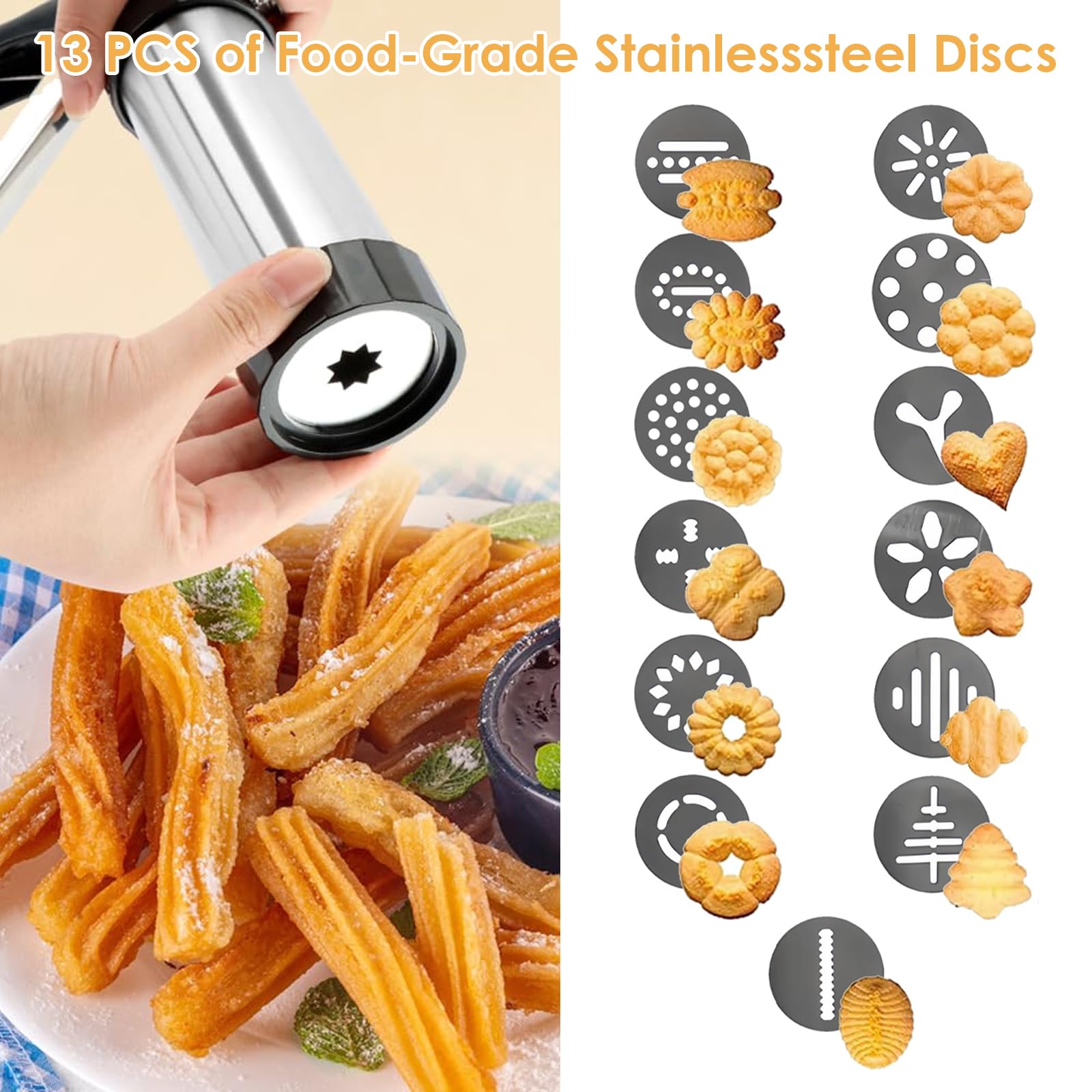 Machine a Churros, Appareil a Churros en Acier Inoxydable, Presse Biscuit avec 13 Pochoirs, 8 Douilles, Outil Multifonction pour Pâtisserie Maison, pour Biscuits, Décoration de Gâteaux