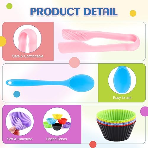 Vista 12 de 114 piezas de relleno sensorial de habilidades motoras finas, incluye 10 cuencos de clasificación, 100 pompones, 2 pinzas, 2 tijeras de cuchara