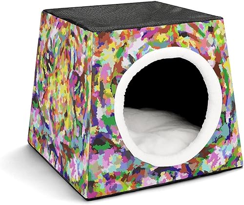 Cama interior para gatos, sofá para gatos, cubo de gato impreso con almohada pequeña para gatitos, perros pequeños, bloques de color