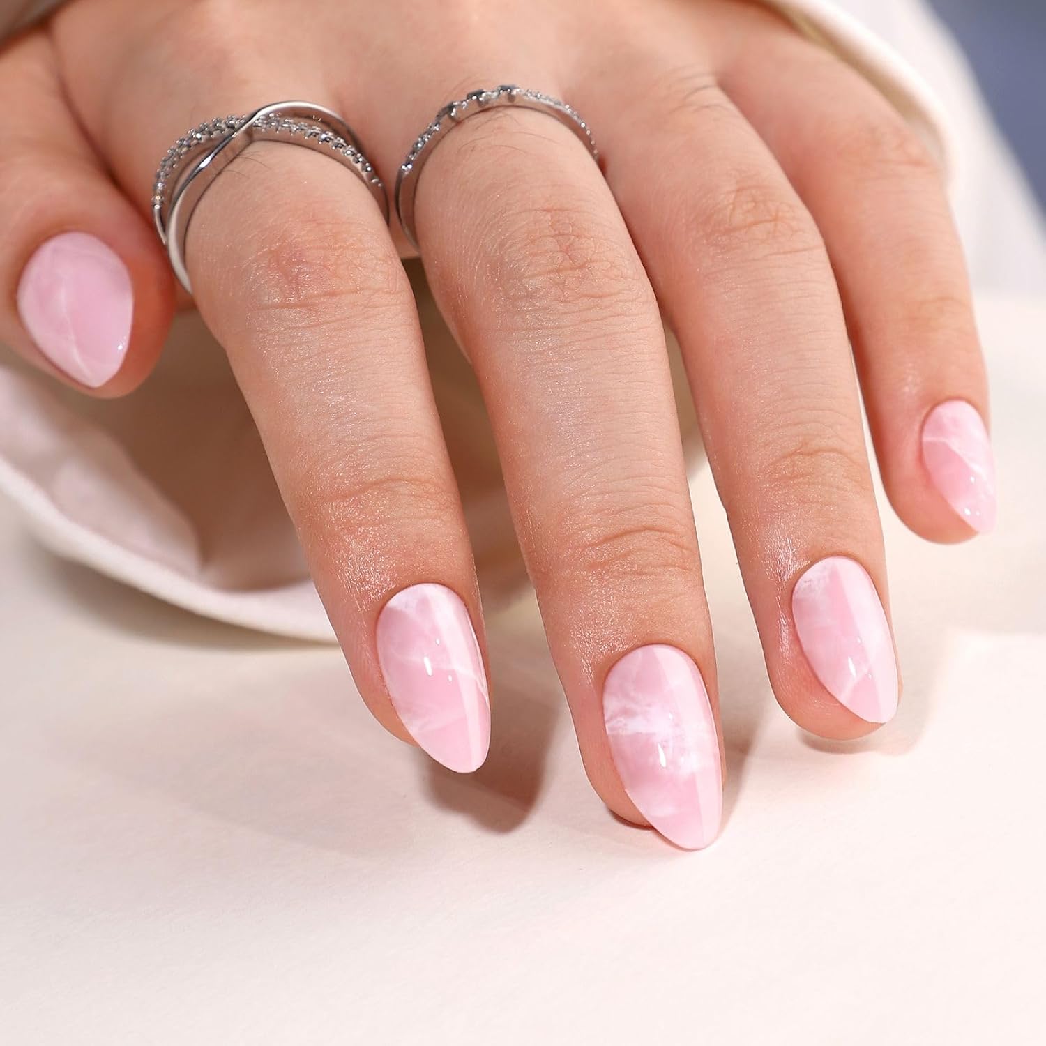 Medium Almond Gel Press on Nails - Pink Marble Design