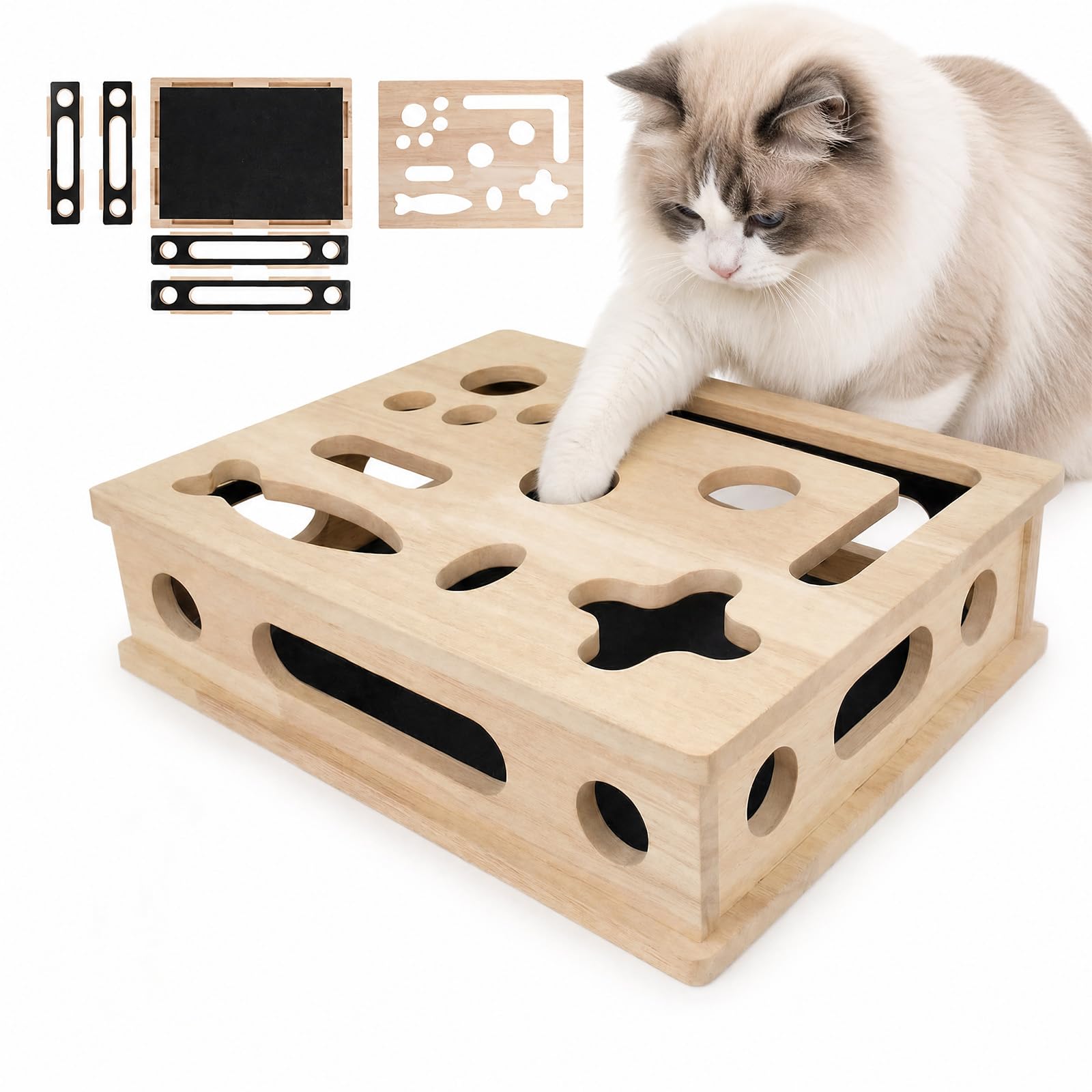Cat Nail File Scratcher, Solid Wood Interactive Cat Puzzle Toys for Indoor Cats, Stress-Free Claw Care & Enrichment Box (No Bell Ball)