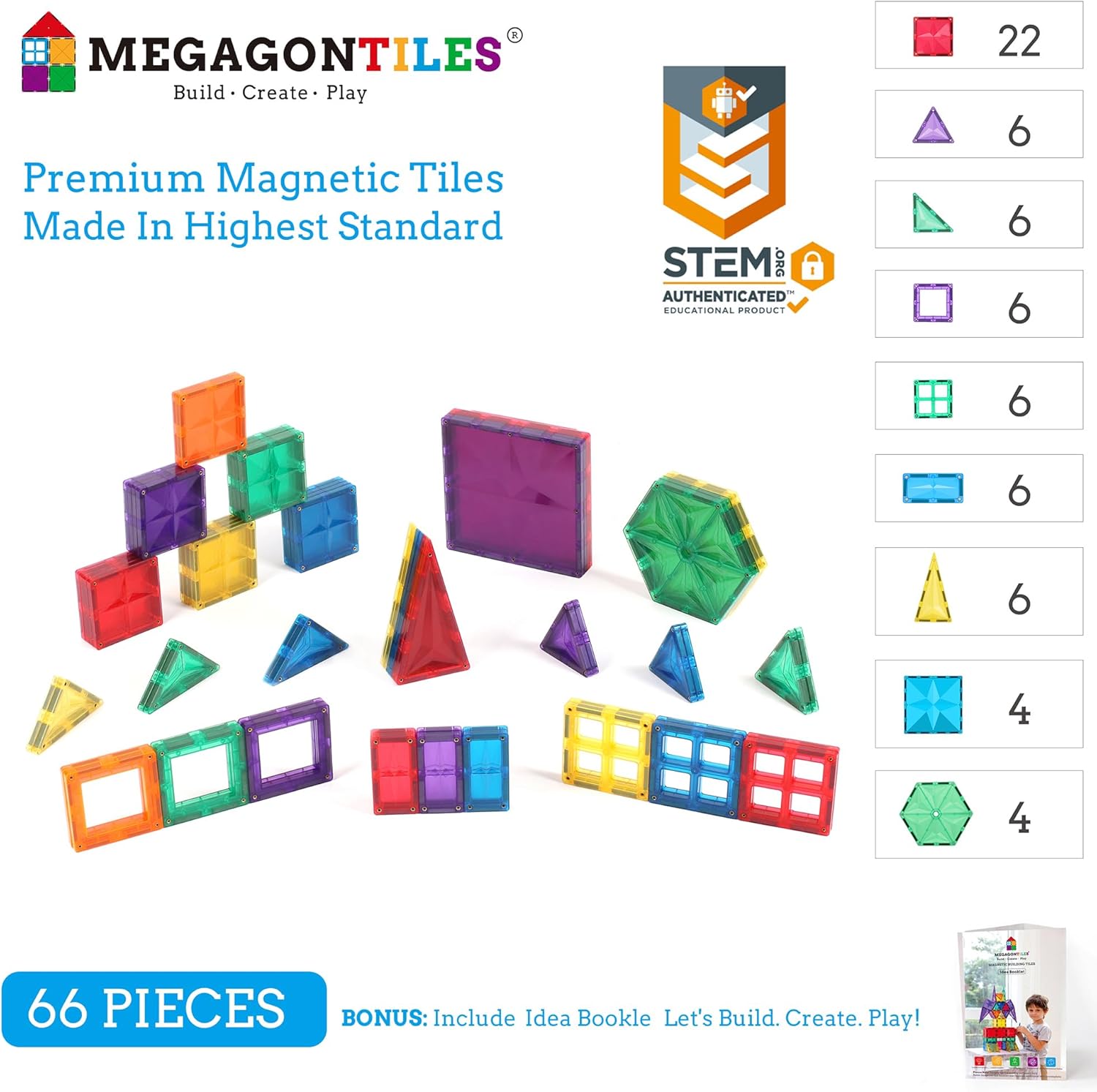 66PCS Premium Polygon Magnetic Tiles Set | STEM-Authenticated Magnetic Building Blocks | Educational Construction Toy for Kids Ages 3–8 (Boys & Girls)