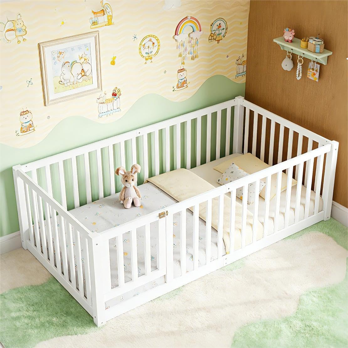 Bellemave Twin Floor Bed Frame, Montessori Floor Bed Twin with 23.5" High Safety Rail & Removable Door, Solid Pine Wood Low Profile Montessori Bed Frame for Bedroom, Nursery, No Slats, White