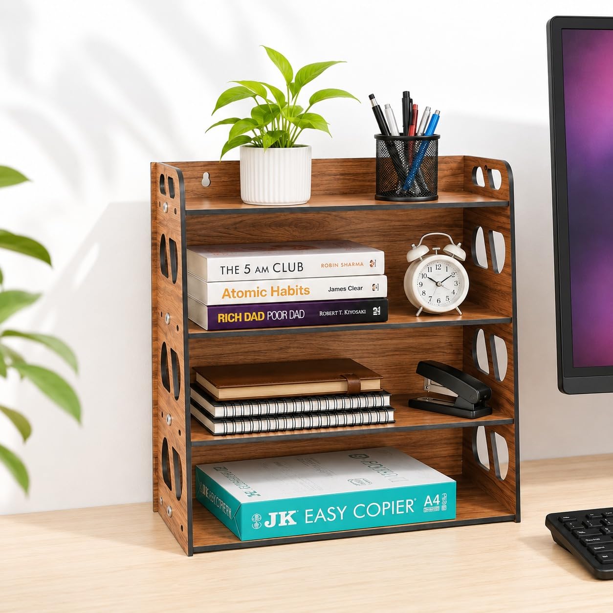GKD Book Rack 4 Layer Wooden Book Stand for Table Multipurpose Home dcor Storage Rack Premium Bookcase Showcase Organizer for Study Table Office Desk Book Shelf for Wall (DIY) (Wood)