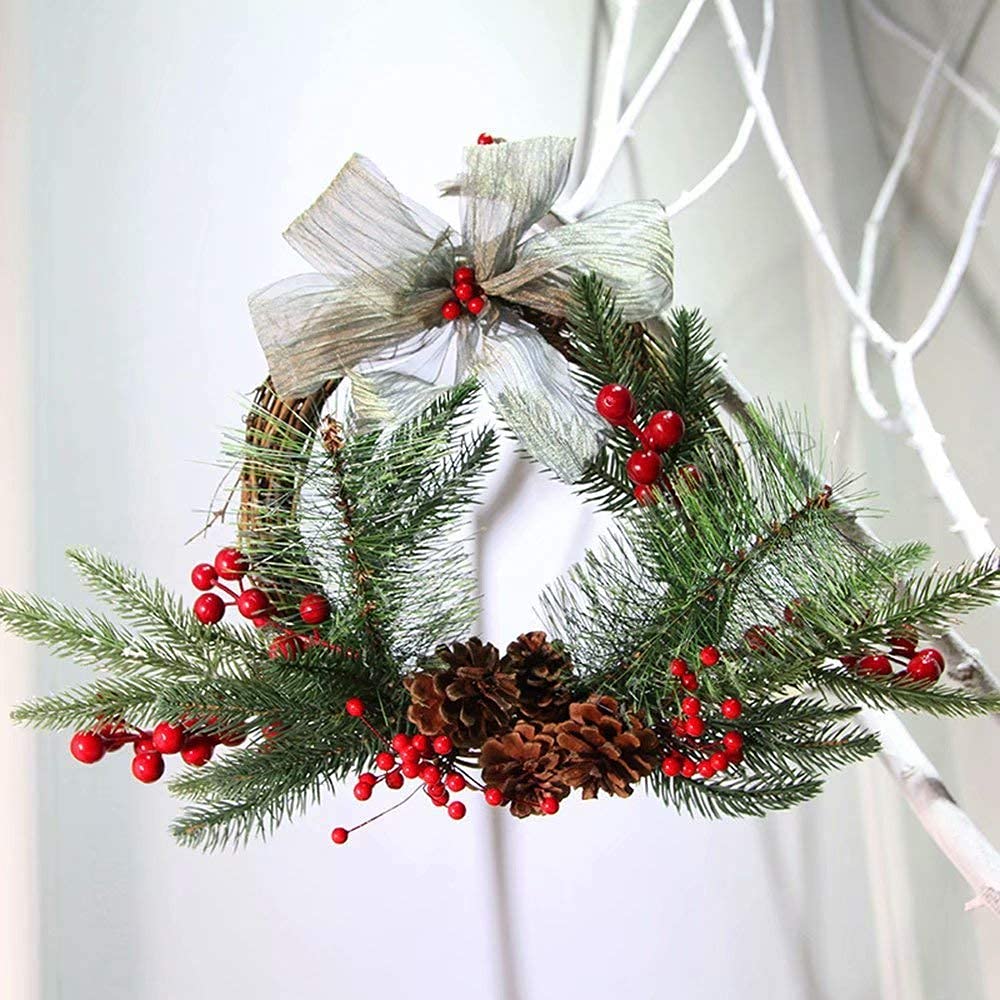 WEIGE Couronne de Noël Artificielle de Poinsettia Rouge et de Houx de 10 "Pouces pour l'intérieur et l'extérieur