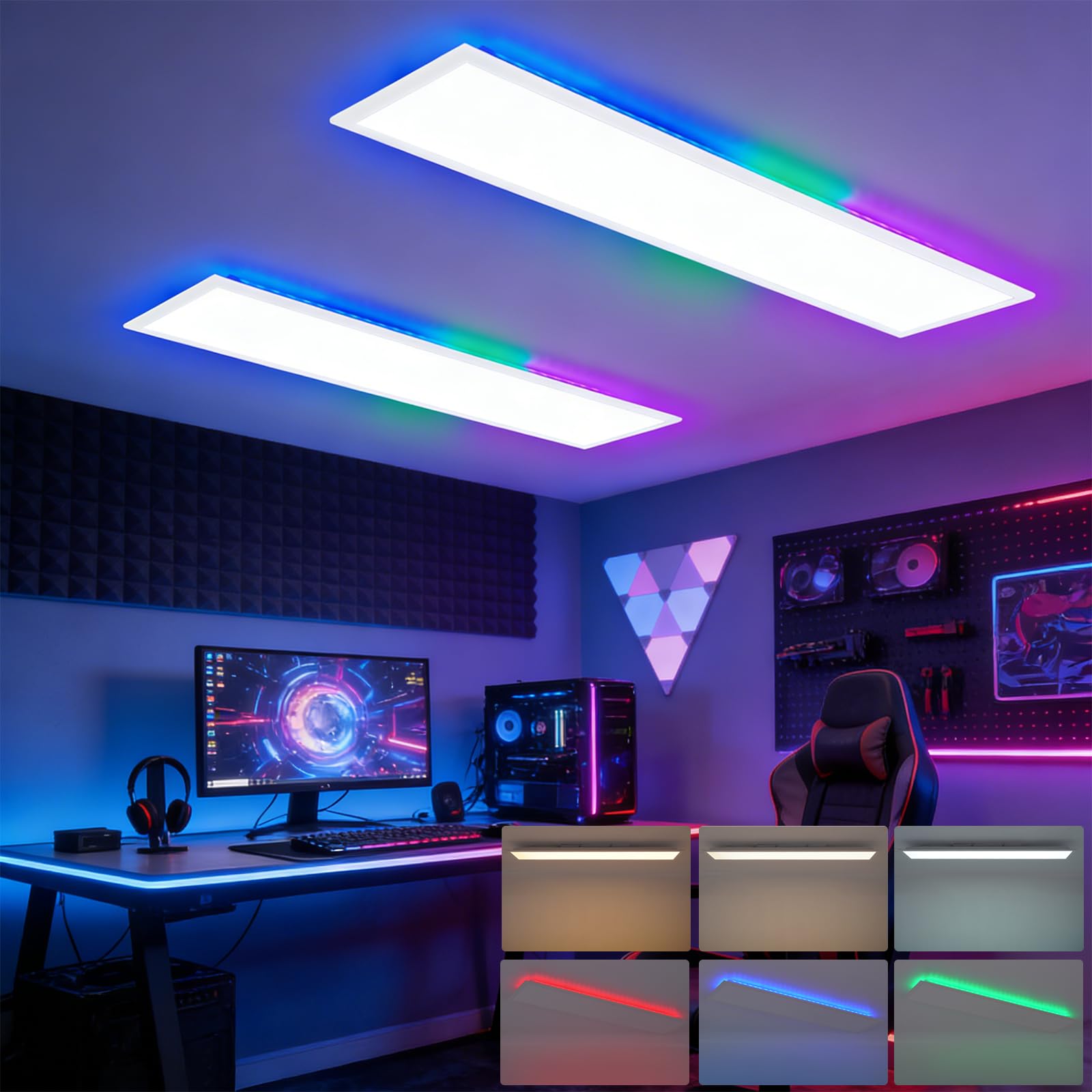CBJKTX LED Panel RGB Dimmbar - Deckenpanel Dimmbar Lang Tageslichtlampe GRB Backlight Farbwechsel Bürolampe Flach Büro Deckenlampe für Werkstatt Flur Küche Wohnzimmer