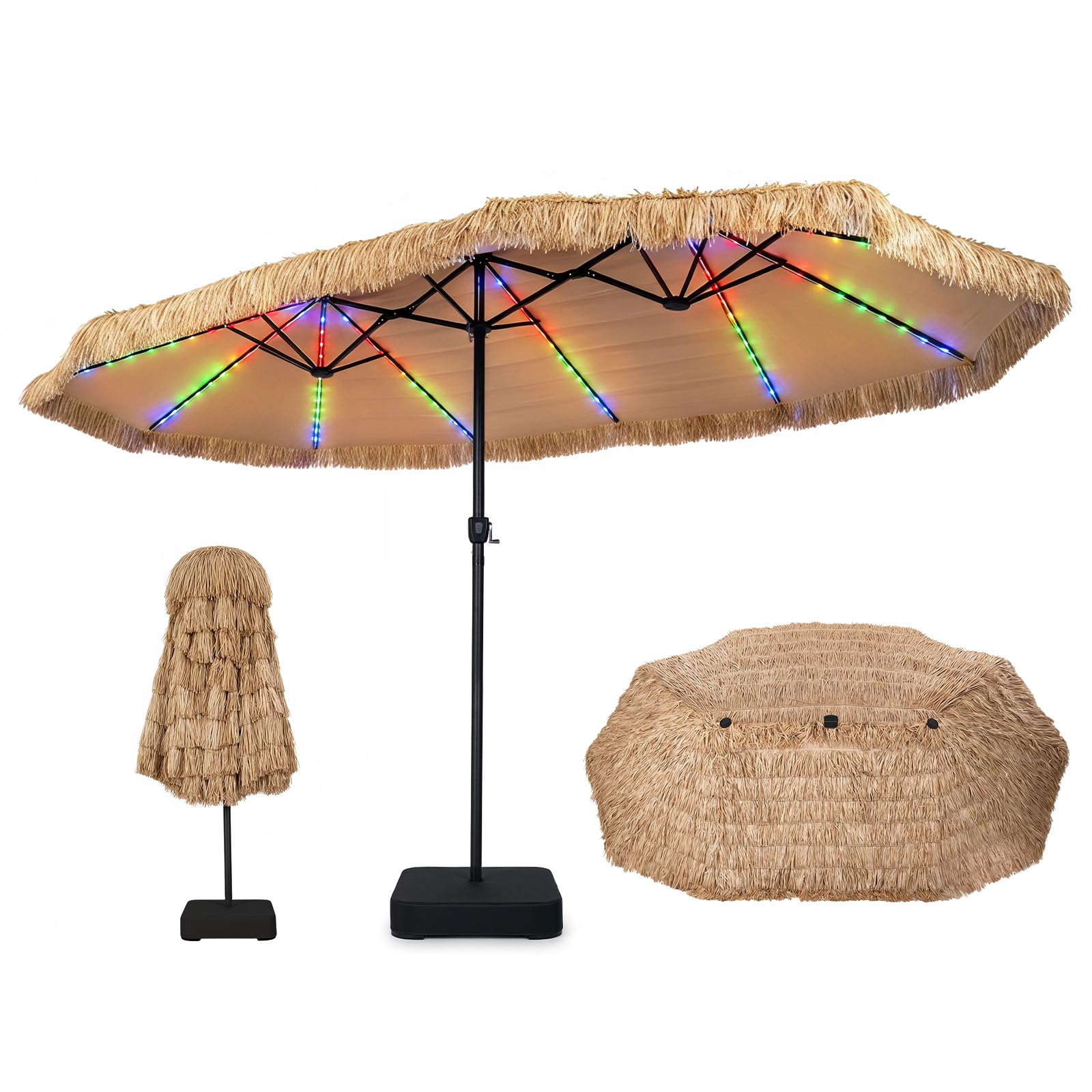 Tangkula 15 FT Solar Tiki Patio Umbrella with Base Natural