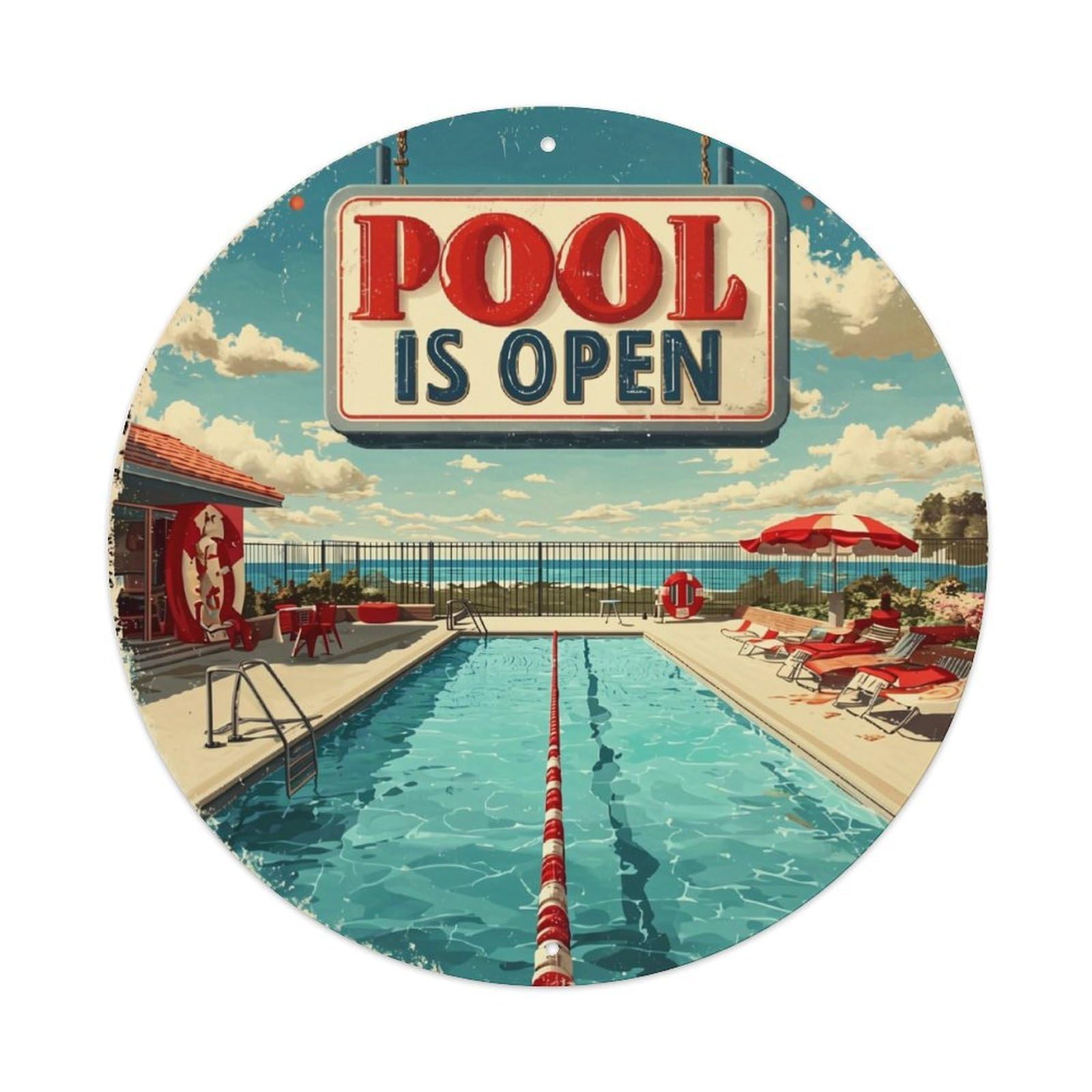 Pool Open Sign Beach Scene Round Metal Tin Sign Vintage Wall Decor, Bar Garage Cafe Kitchen Home Wall Art Poster 8x8inches