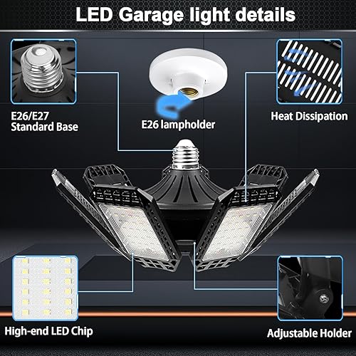 Miniatura 2 de Paquete de 4 luces LED de garaje, 240 W, 24000 lm, 6500 K, luces LED de techo, con 7+1 paneles deformables, base con rosca E26E27, iluminación para