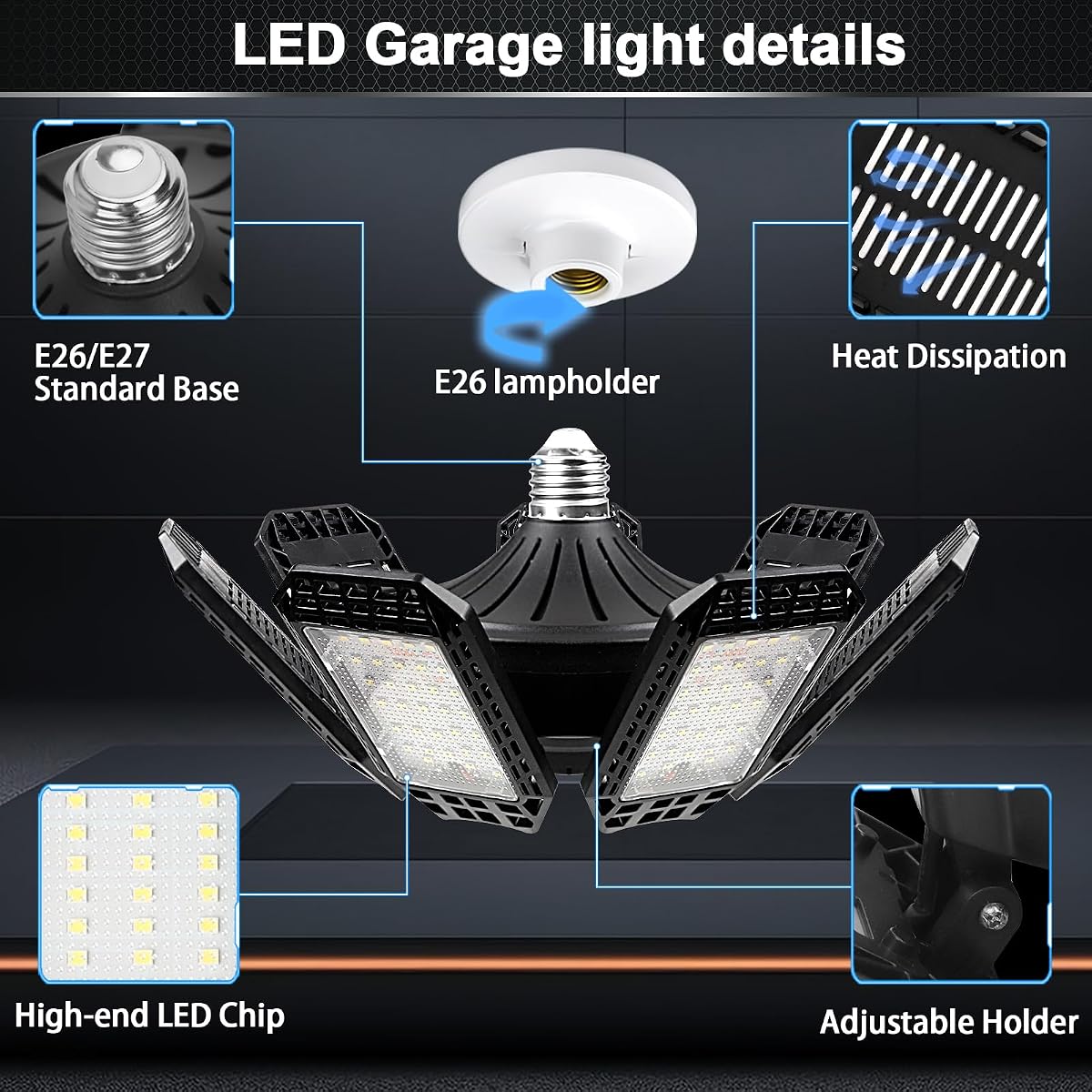 AUDLES 4 Pack LED Garage Light, 240W 24000LM, 6500K, Deformable Panels,