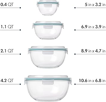 Glasslock Mixing Bowl with Latching Lids 8-Pieces Set Airtight, Leakproof, BPA Free Lids, Nesting, Meal Prep, Baking, Salad, Food Storage & Serving Bowl, Microwave, Fridge & Freezer, Dishwasher Safe