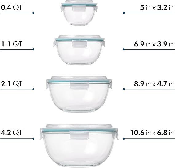 Glasslock Mixing Bowl with Latching Lids 8-Pieces Set Airtight, Leakproof, BPA Free Lids, Nesting, Meal Prep, Baking, Salad, Food Storage & Serving Bowl, Microwave, Fridge & Freezer, Dishwasher Safe