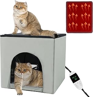 QUEARN Heated Cat House, Heating Cat Houses for Indoor Outdoor Kitty with Heating Pad, Foldable Heated Kitty House Cat Shelter for Your Pet to Stay Warm and Cozy
