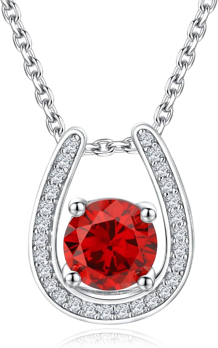 CAIDIKA Sterling Silver Birthstone Horseshoe Necklace for Women Good Luck Pendant Necklace Jewelry for Birthday Wedding(with Gift Box)