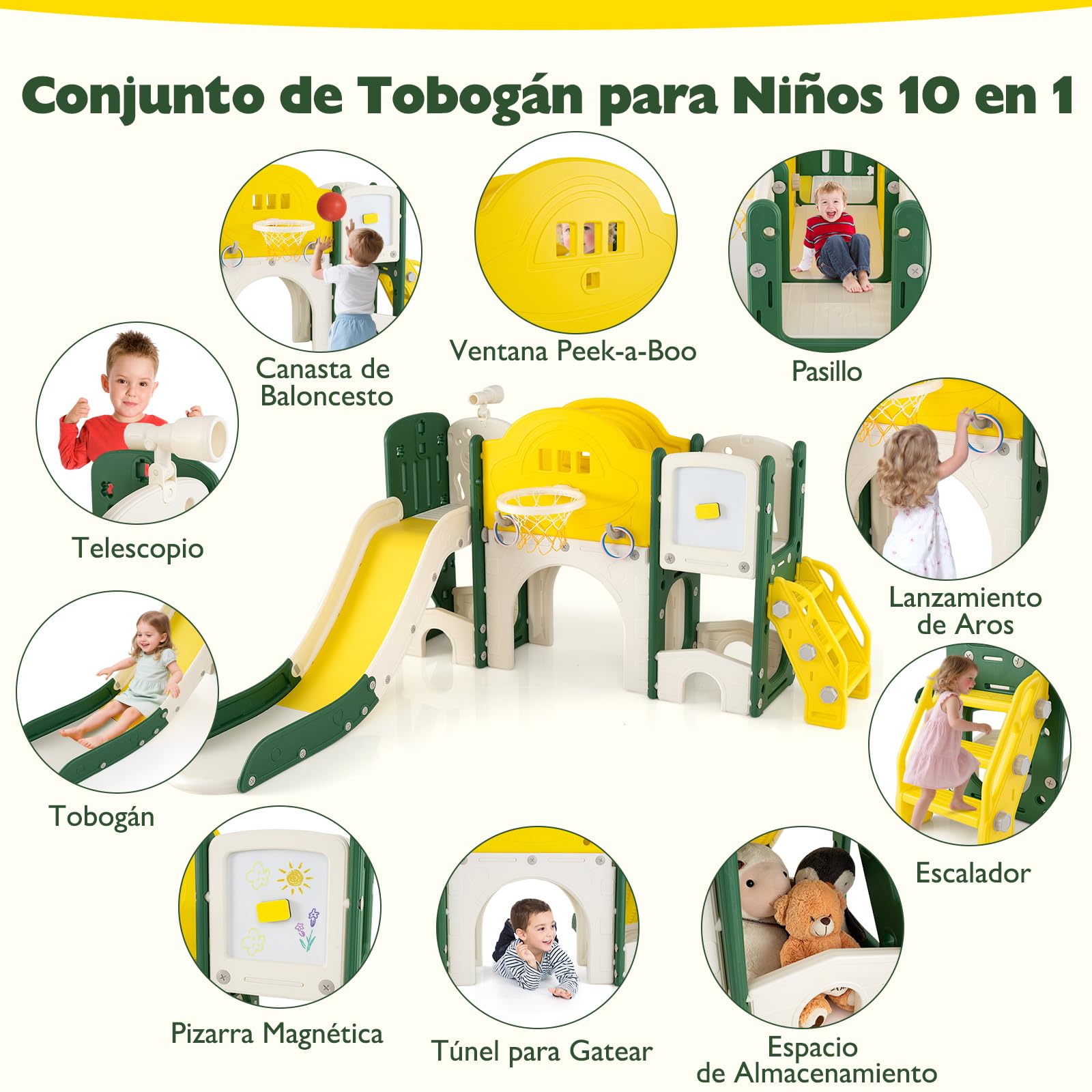 COSTWAY Tobogán Infantil 10 en 1, Parque Infantil con Pizarra (Amarillo)