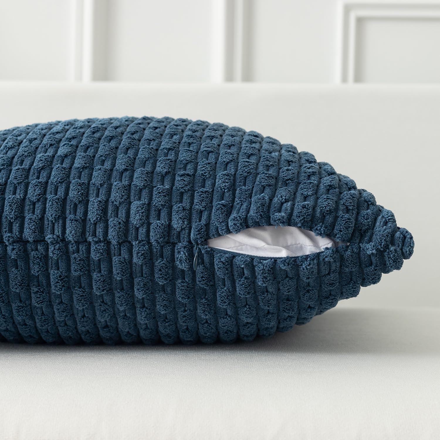 Kevin Textile Blue Throw Pillow Covers Soft Corduroy Decorative Set of 2 Boho Striped Pillow Covers Pillowcases Farmhouse Home Decor for Couch Bed Sofa Living Room 26x26 Inch